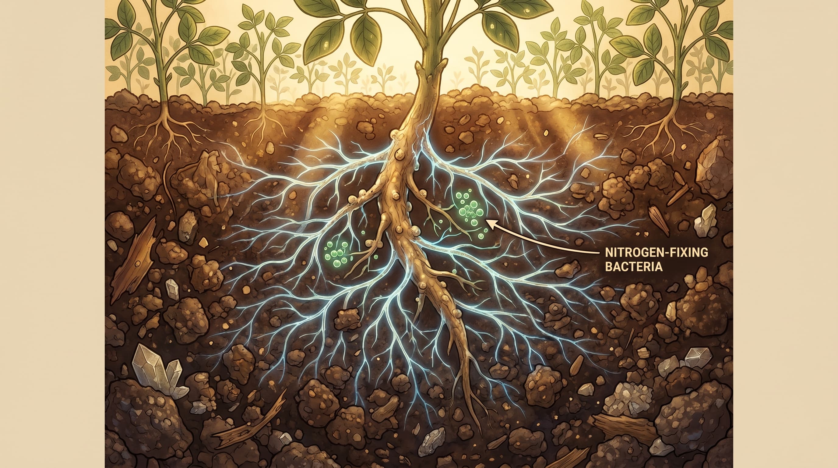 A detailed cross-section illustration of underground soil showing mycorrhizal fungal networks, nitrogen-fixing bacteria near root nodules, and organic matter surrounding plant roots in a thriving microbial ecosystem.
