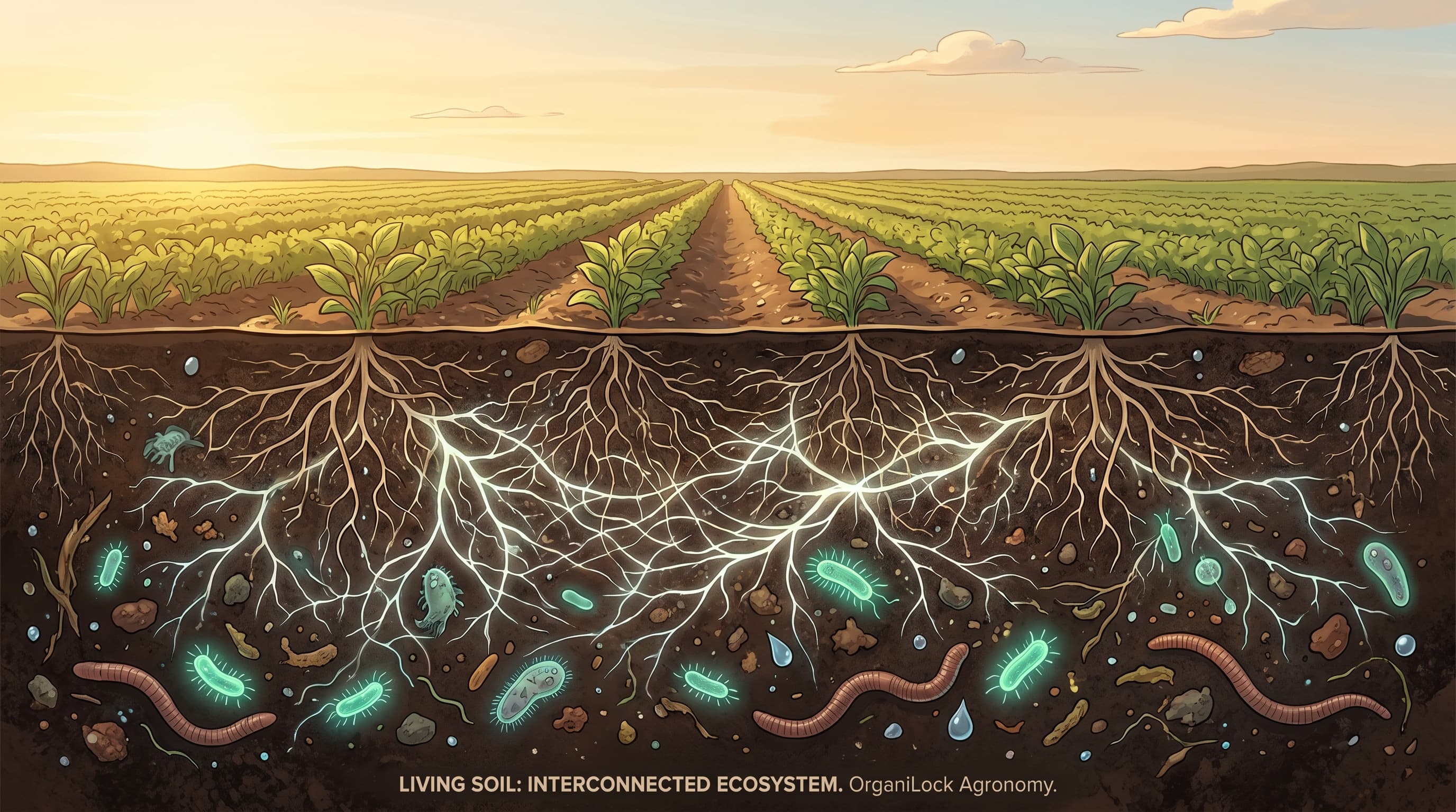 A detailed cross-section illustration showing living soil beneath a crop field, with mycorrhizal fungal networks, bacteria, and plant roots forming an interconnected underground ecosystem.