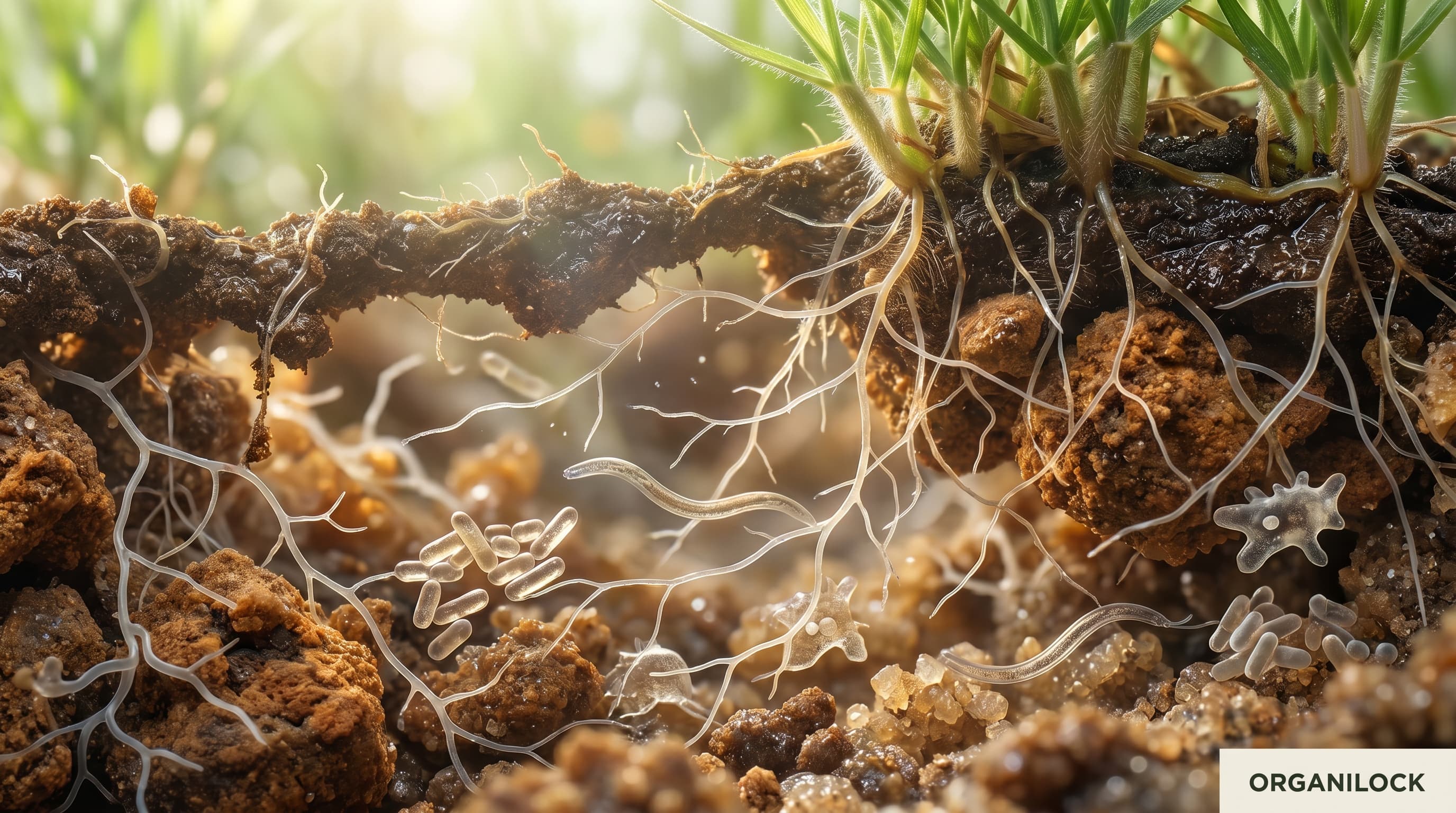 A detailed cutaway illustration of healthy soil showing a dense, living underground community of fungal threads, bacteria, and tiny organisms woven between soil particles and plant roots.