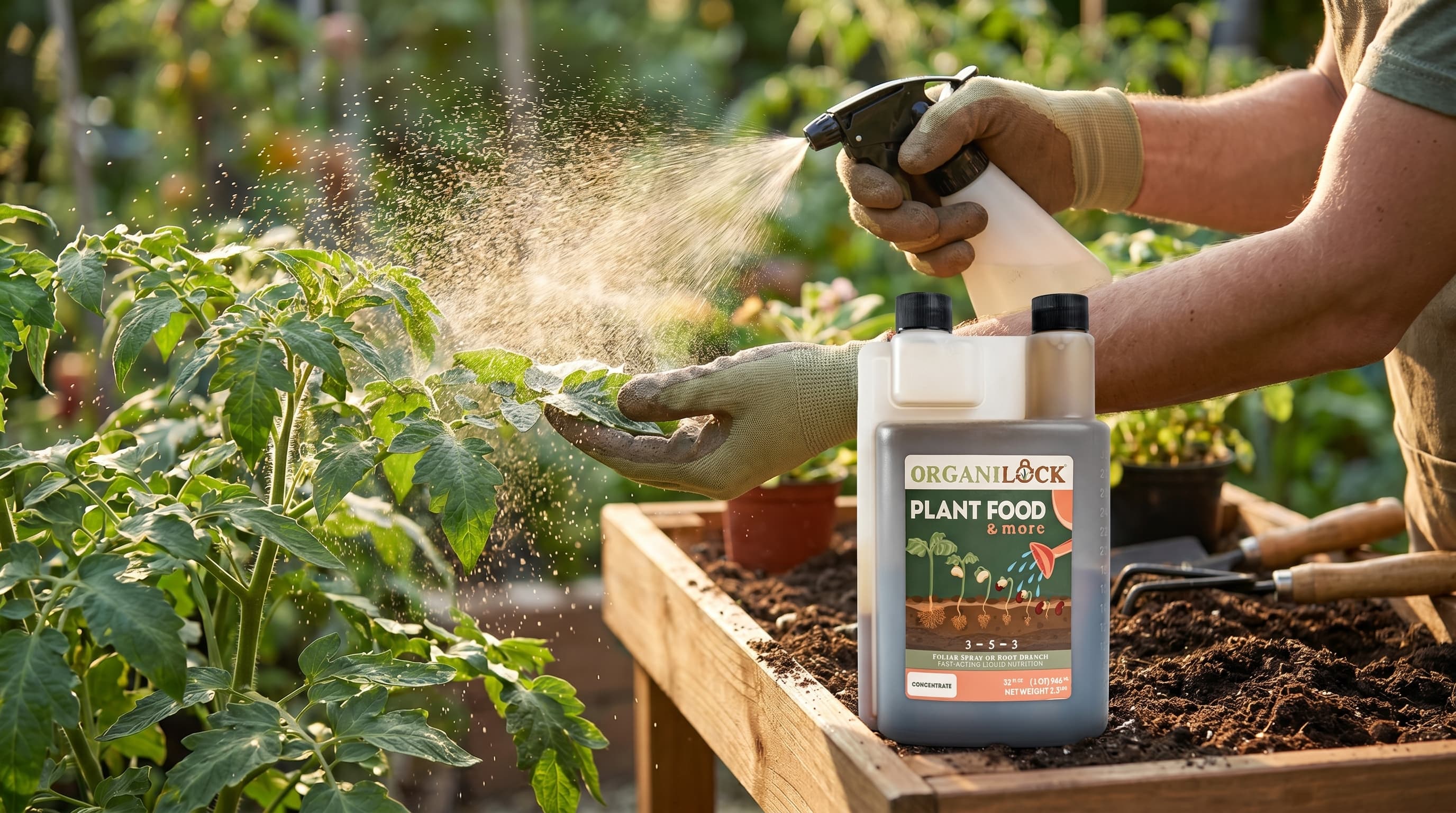 A gardener applying liquid plant nutrition as a foliar spray to green plant leaves in a sunlit garden.
