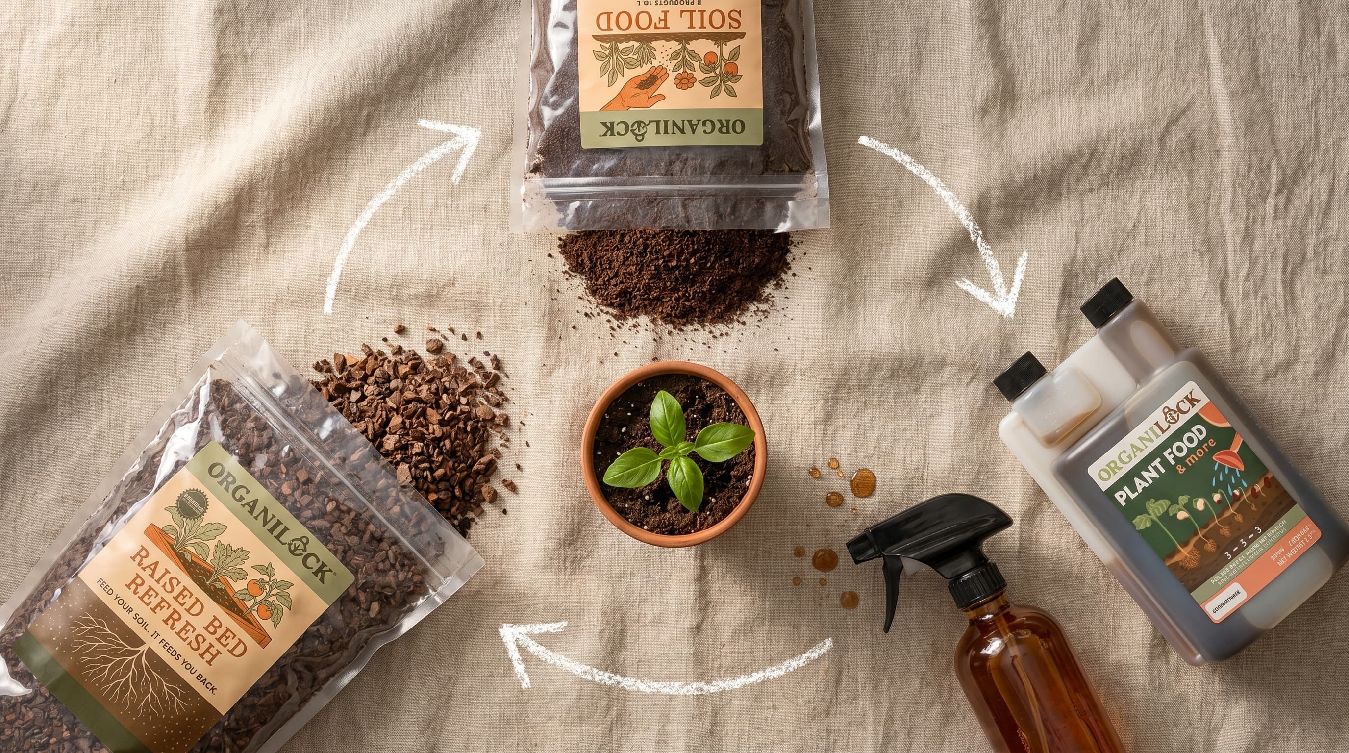 Overhead flat-lay of three soil-care products—Soil Food, Plant Food, and Refresh—arranged in a triangle on linen, linked by chalk arrows around a small potted seedling.