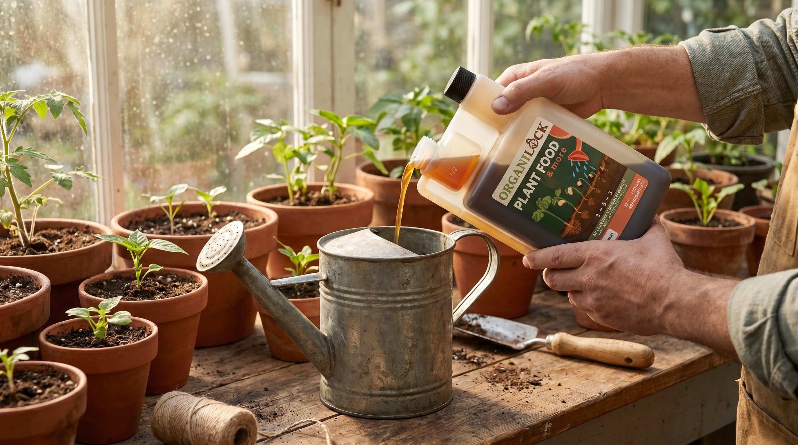 A gardener measures liquid plant food concentrate into a watering jug on a potting bench surrounded by green seedlings in a sunlit greenhouse.