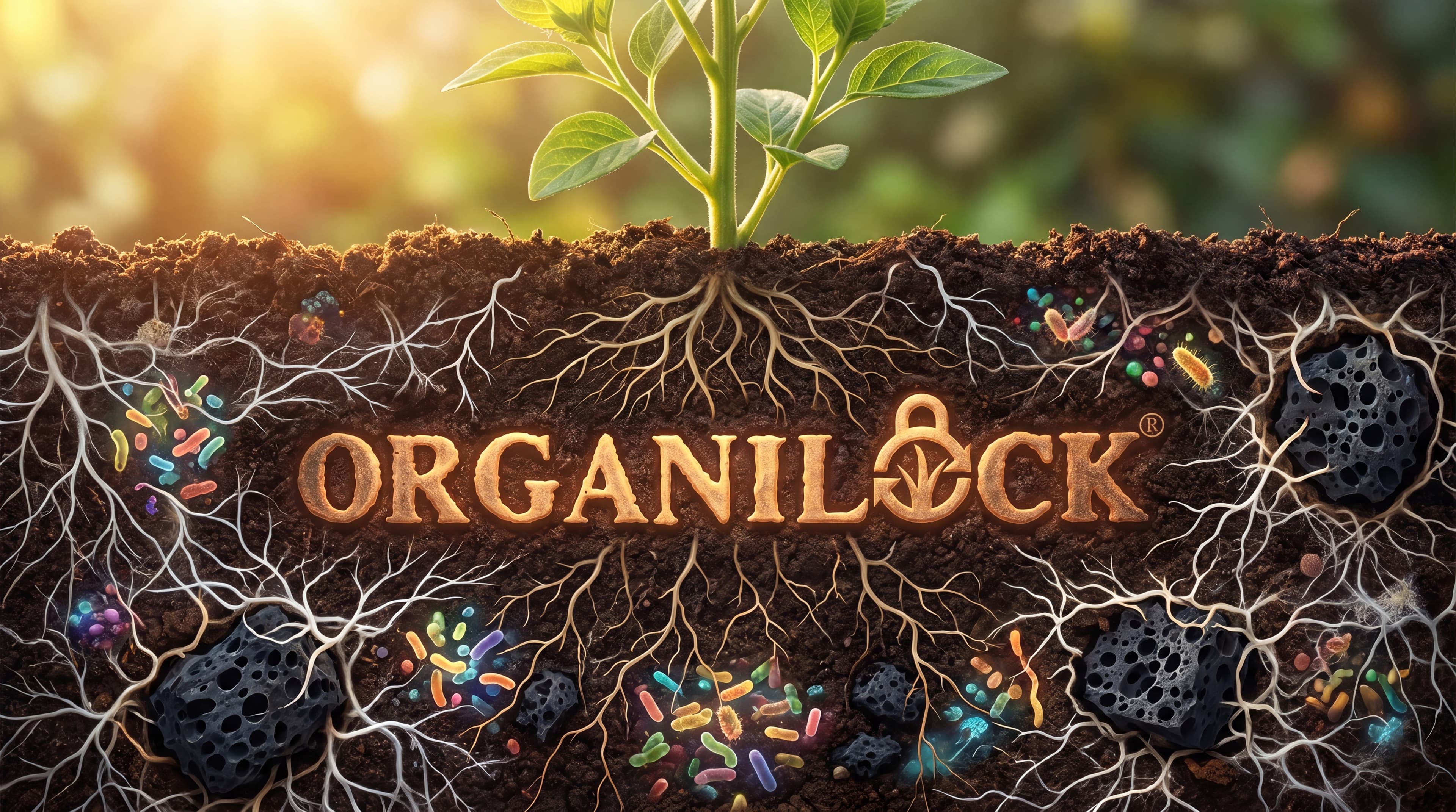 A cross-section diagram of garden soil showing fungal mycelium networks, beneficial bacteria, biochar particles, and plant roots working together in a living underground ecosystem.