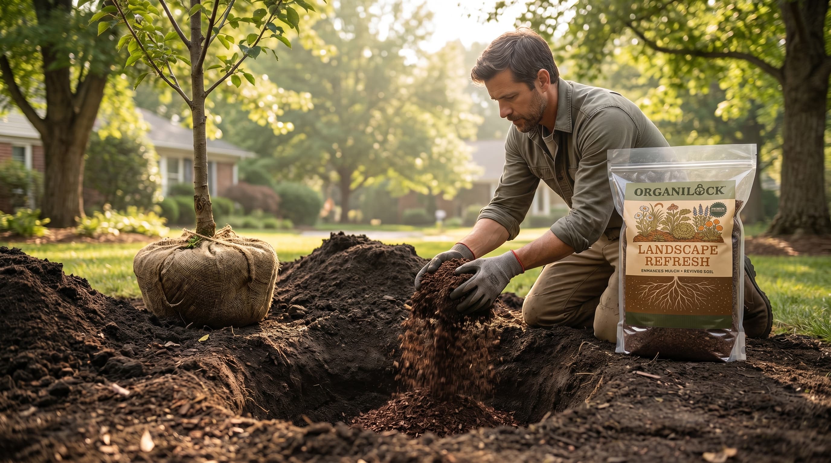 A gardener mixes dry granular soil amendment into a wide planting hole as a young tree sapling waits to be planted nearby.