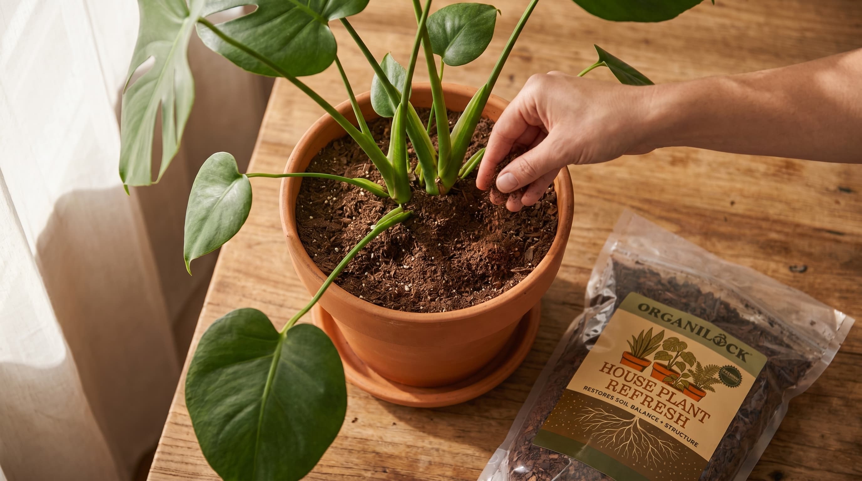 A person gently top-dressing a potted indoor houseplant with a small amount of dark soil amendment by a sunny window.