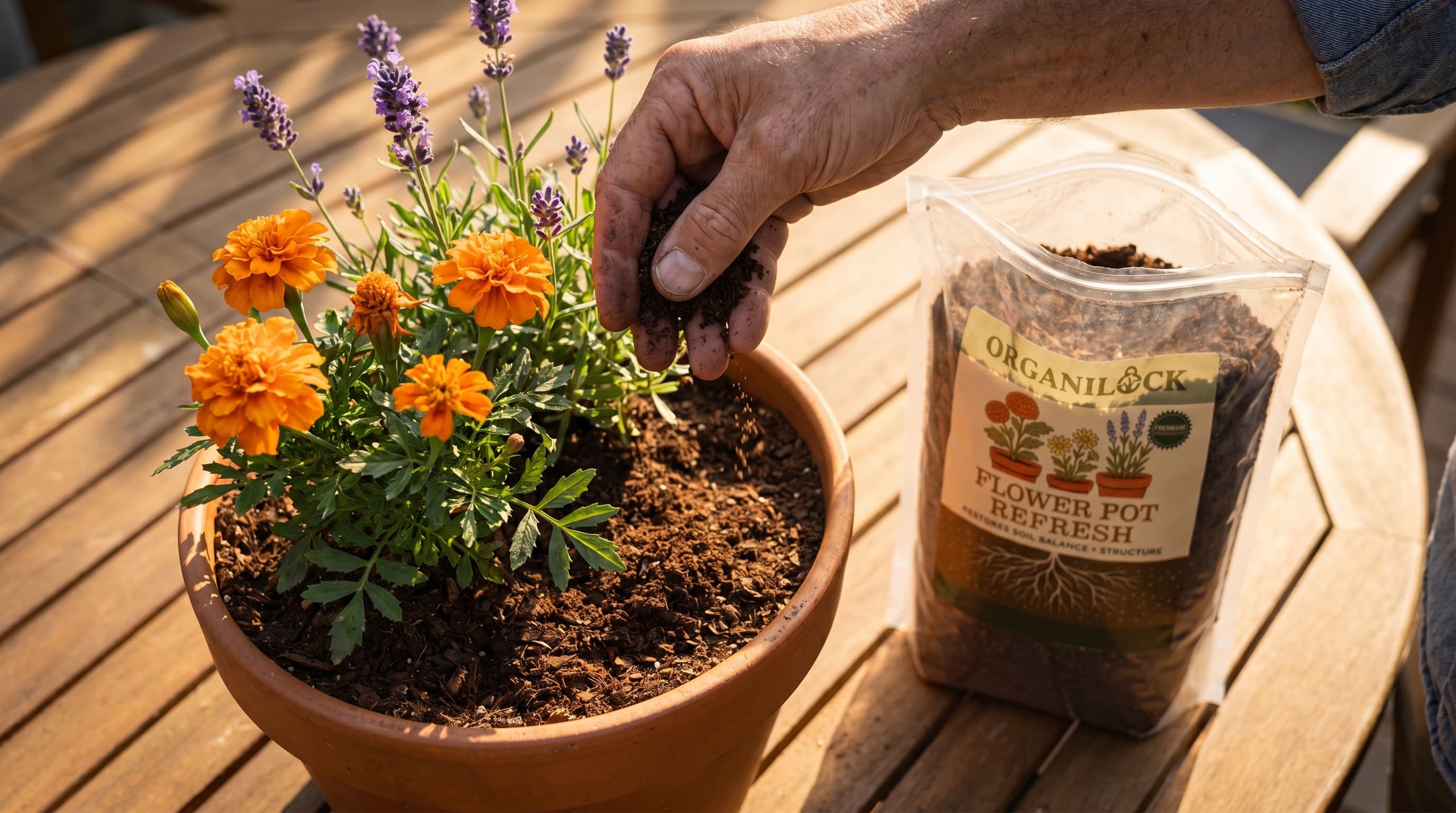 A gardener uses a hand fork to scratch granular soil amendment into a flowering terracotta container pot on a sunny patio.