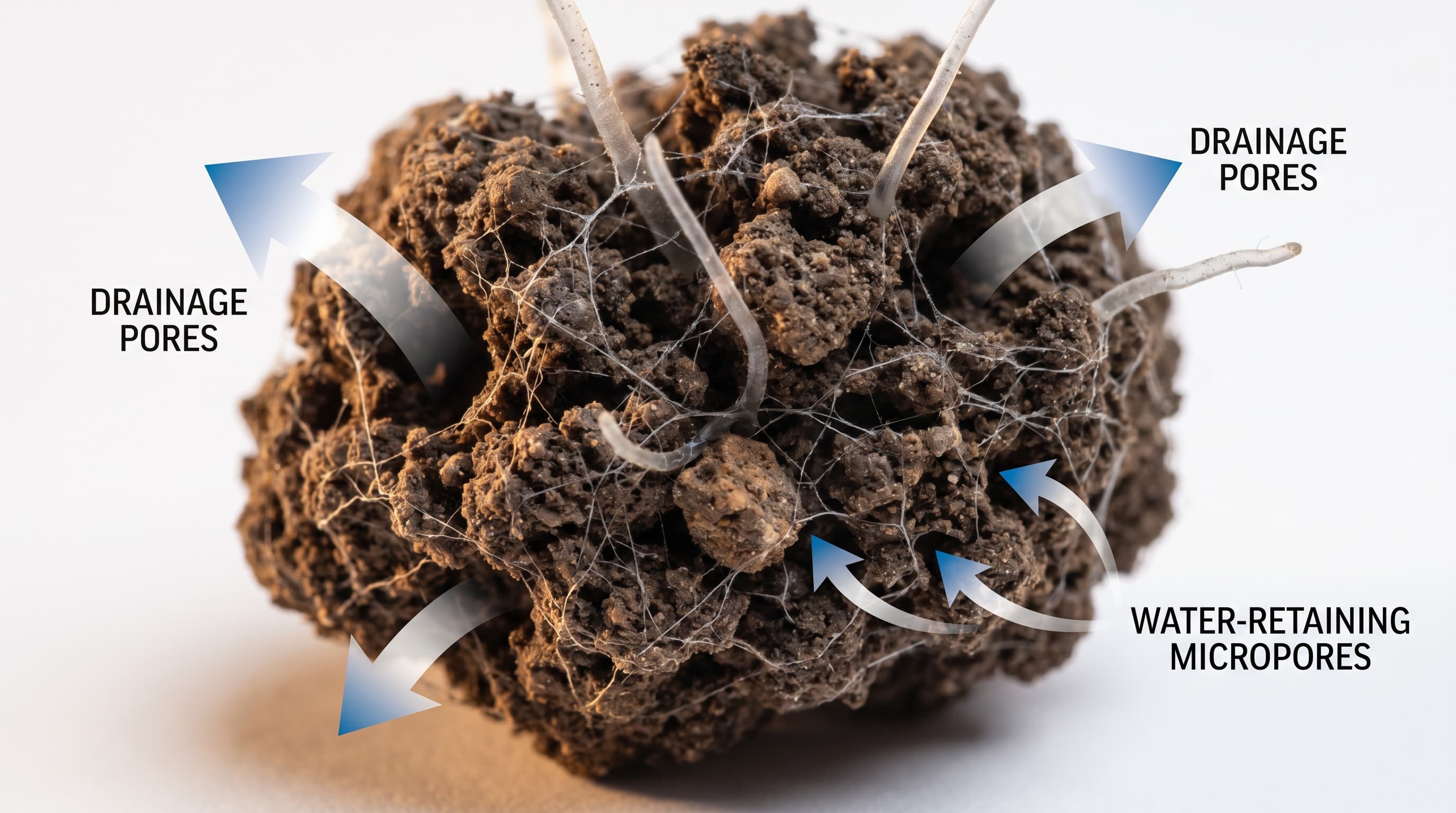 A close-up cross-section of healthy topsoil showing distinct layers of mineral particles, water films, air pockets, and dark organic matter threaded with fine roots.
