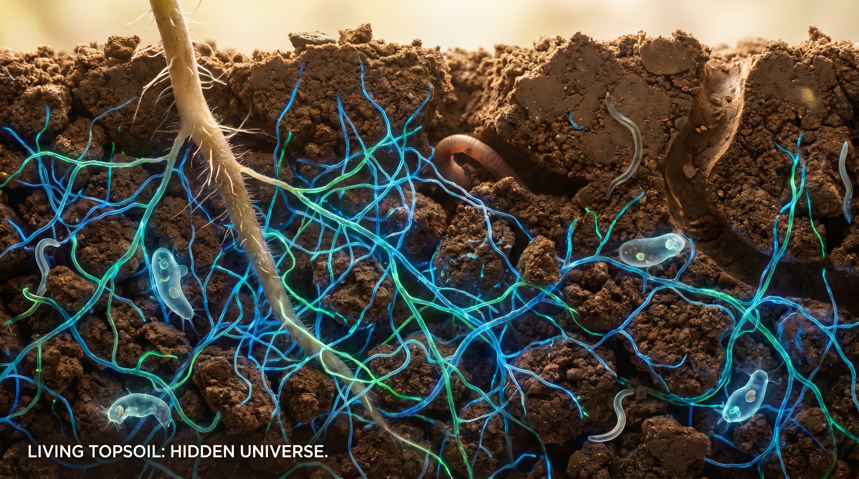 A cross-section illustration of healthy soil showing a network of fungal threads, bacteria, protozoa, and earthworm tunnels surrounding plant roots underground.