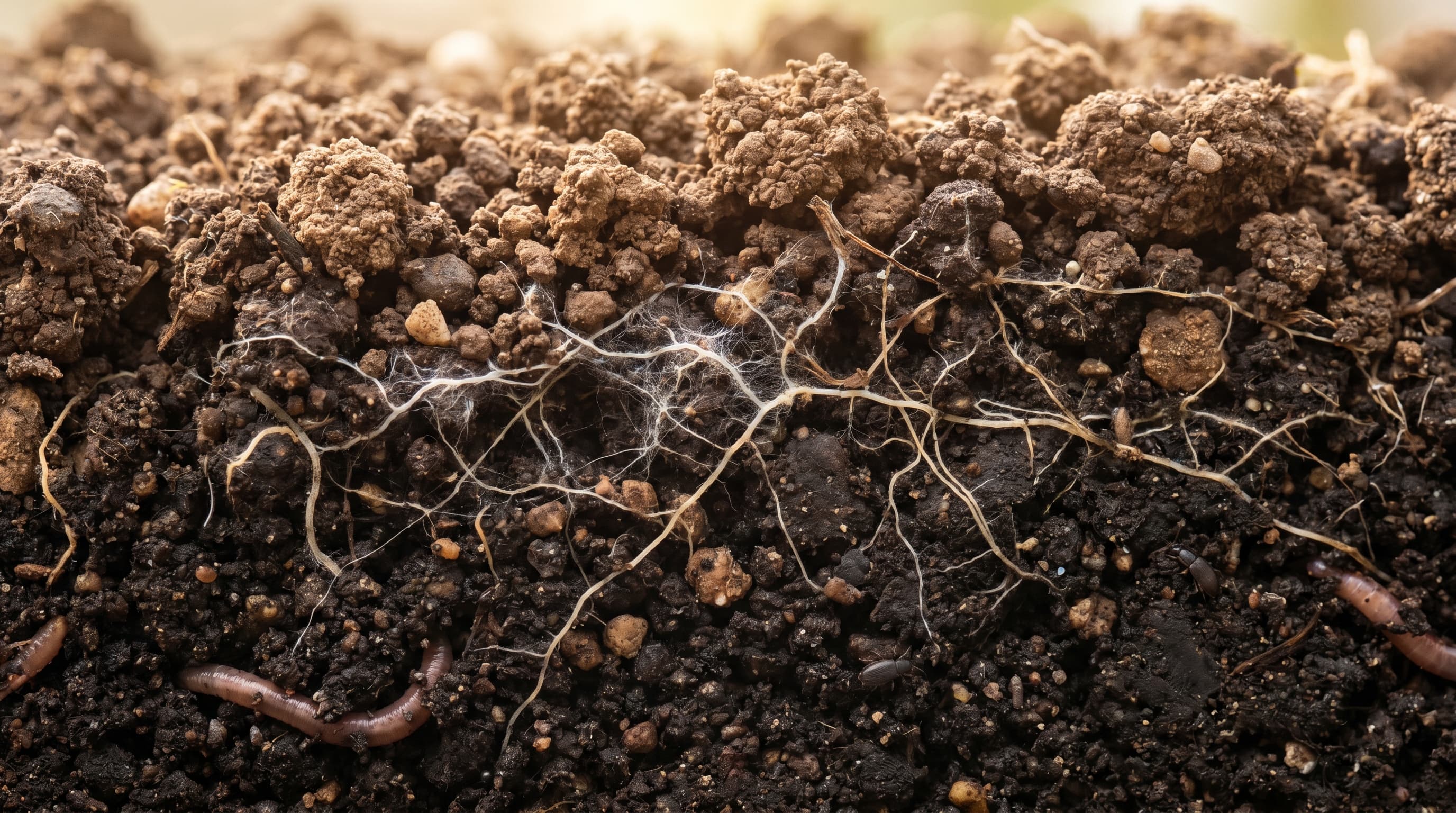A close-up cross-section of dark, crumbly soil showing layers of organic matter, roots, fungal threads, and earthworms.