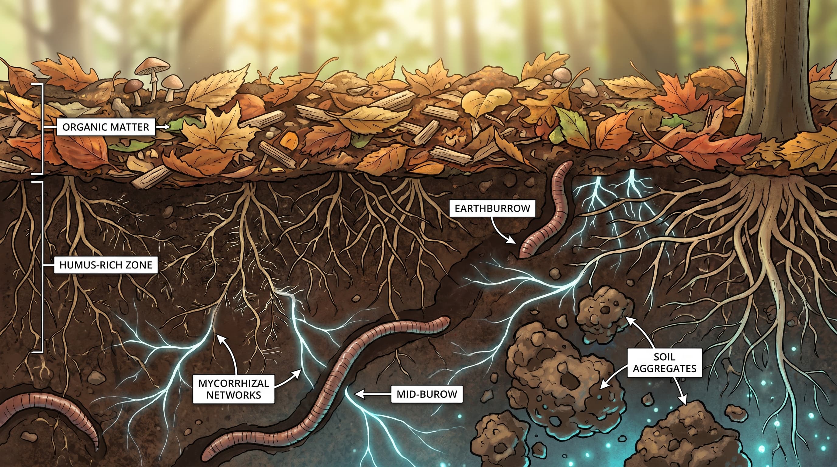 A gardener presses a seedling into rich, dark, mulch-covered soil in a diverse, thriving vegetable garden, illustrating the regenerative practice of building living soil.