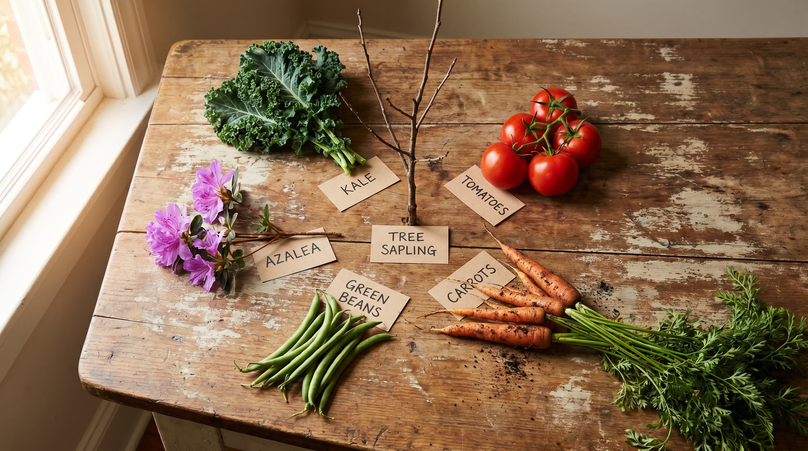 A flat-lay arrangement of six different crop types — kale, tomatoes, carrots, green beans, azalea, and a tree sapling — each representing a distinct plant nutrient group, laid out on a rustic wooden table.