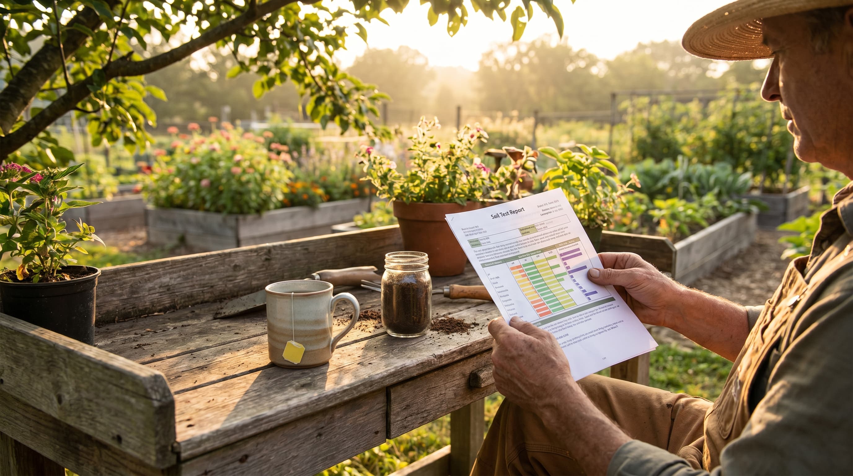 A gardener reads a printed soil test report at an outdoor potting bench with a jar of garden soil beside them.