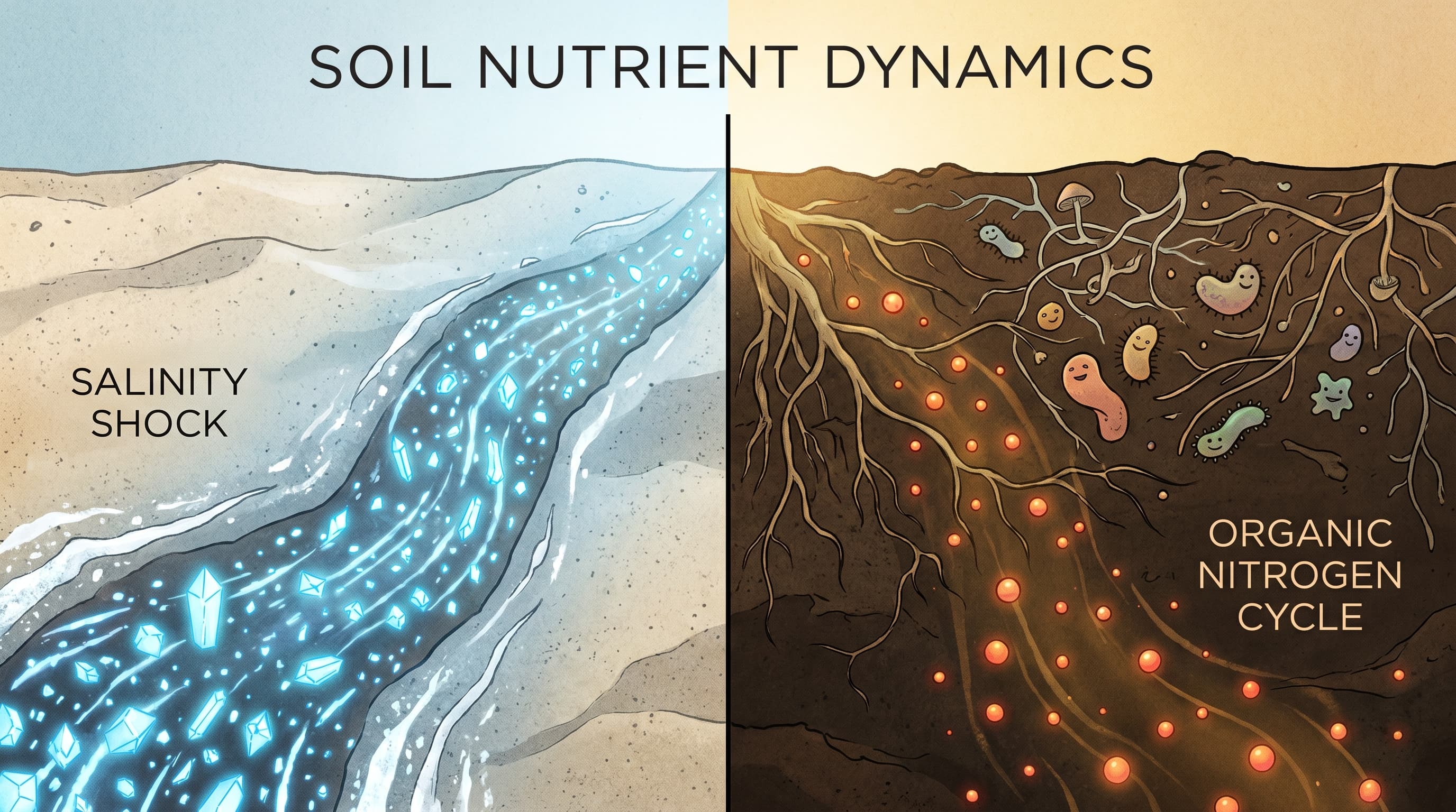 A split soil cross-section illustration contrasting a fast-release soluble nitrogen flood on one side with a slow biological nitrogen release through microbial activity on the other, highlighting how the surrounding system differs even when the ion is the same.