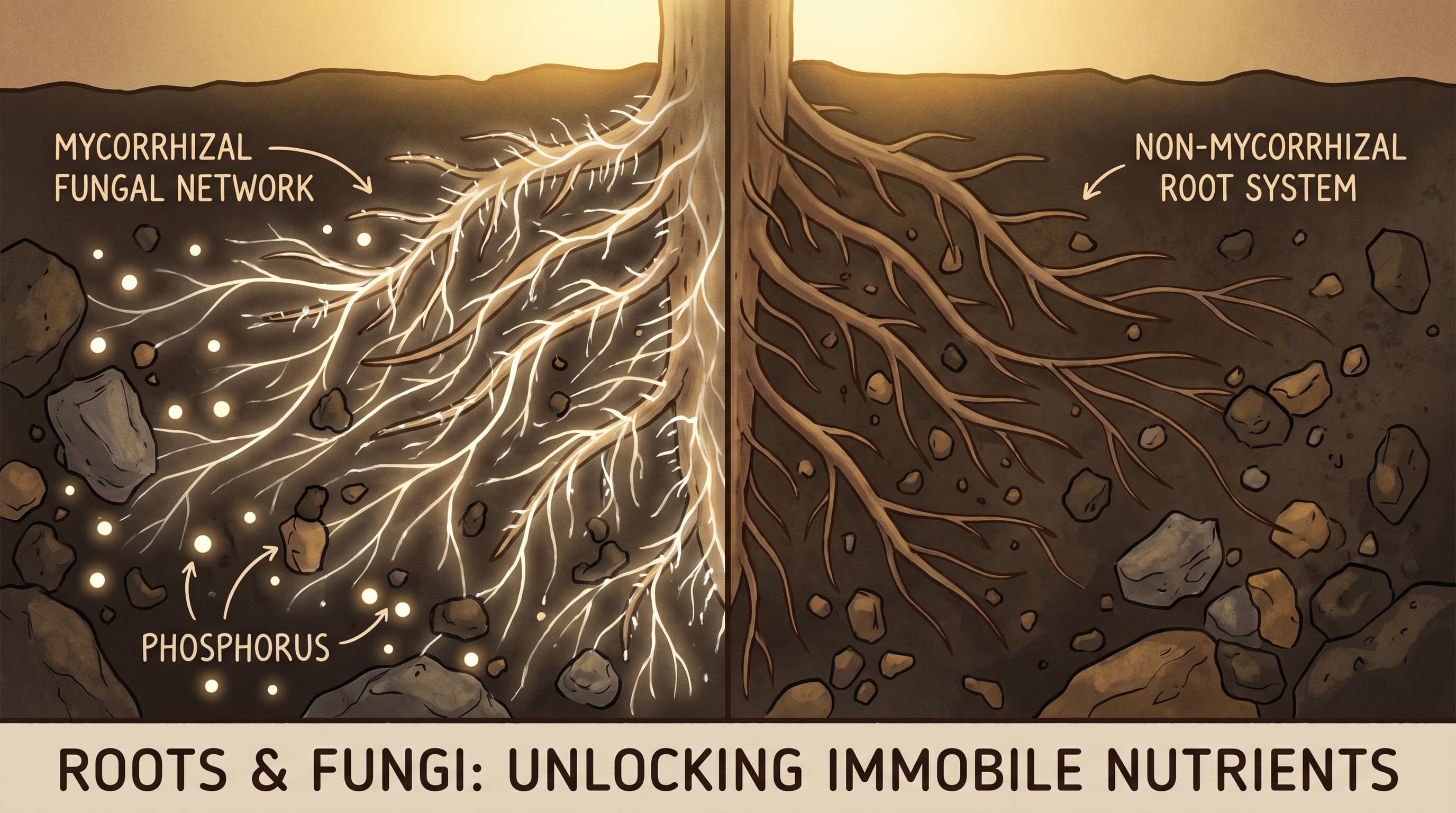 A detailed illustration showing mycorrhizal fungal threads extending from plant roots into the surrounding soil to reach phosphorus, alongside a fertilizer bag label highlighting the N-P-K numbers.