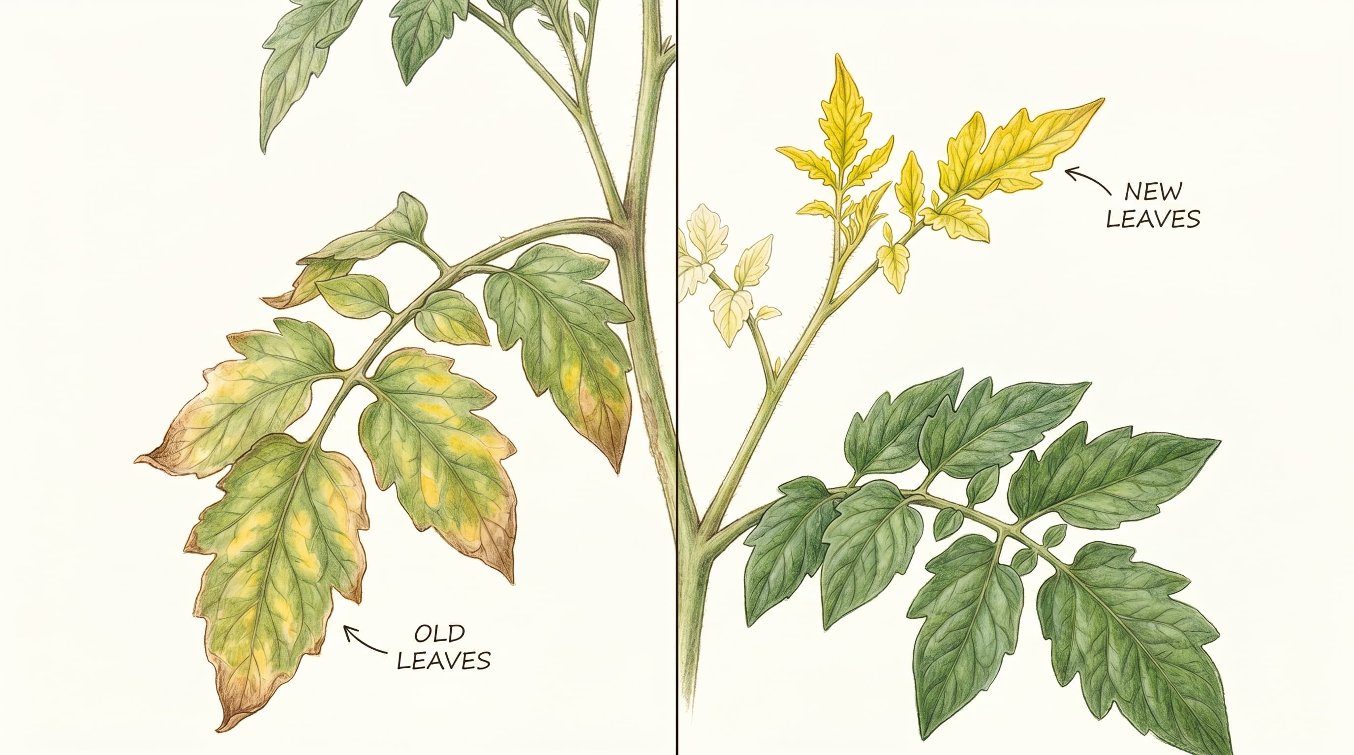 A botanical diagram of a plant showing yellowing on old lower leaves on one side and yellowing on new upper leaves on the other side, illustrating how nutrient mobility determines where deficiency symptoms appear.