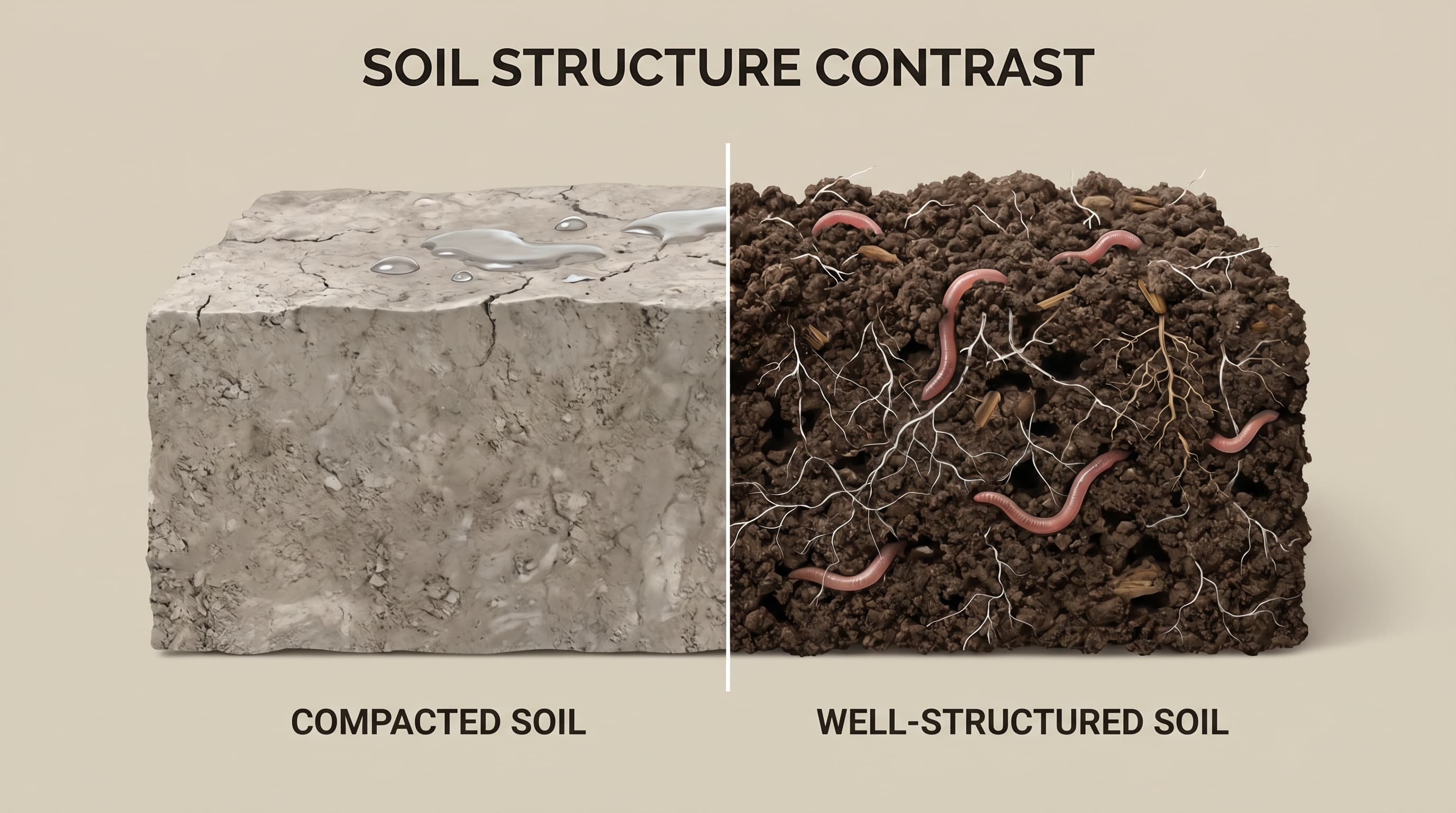 A gardener holds a handful of dark, crumbly, humus-rich soil above a garden bed, demonstrating healthy soil structure with visible texture and aggregation.
