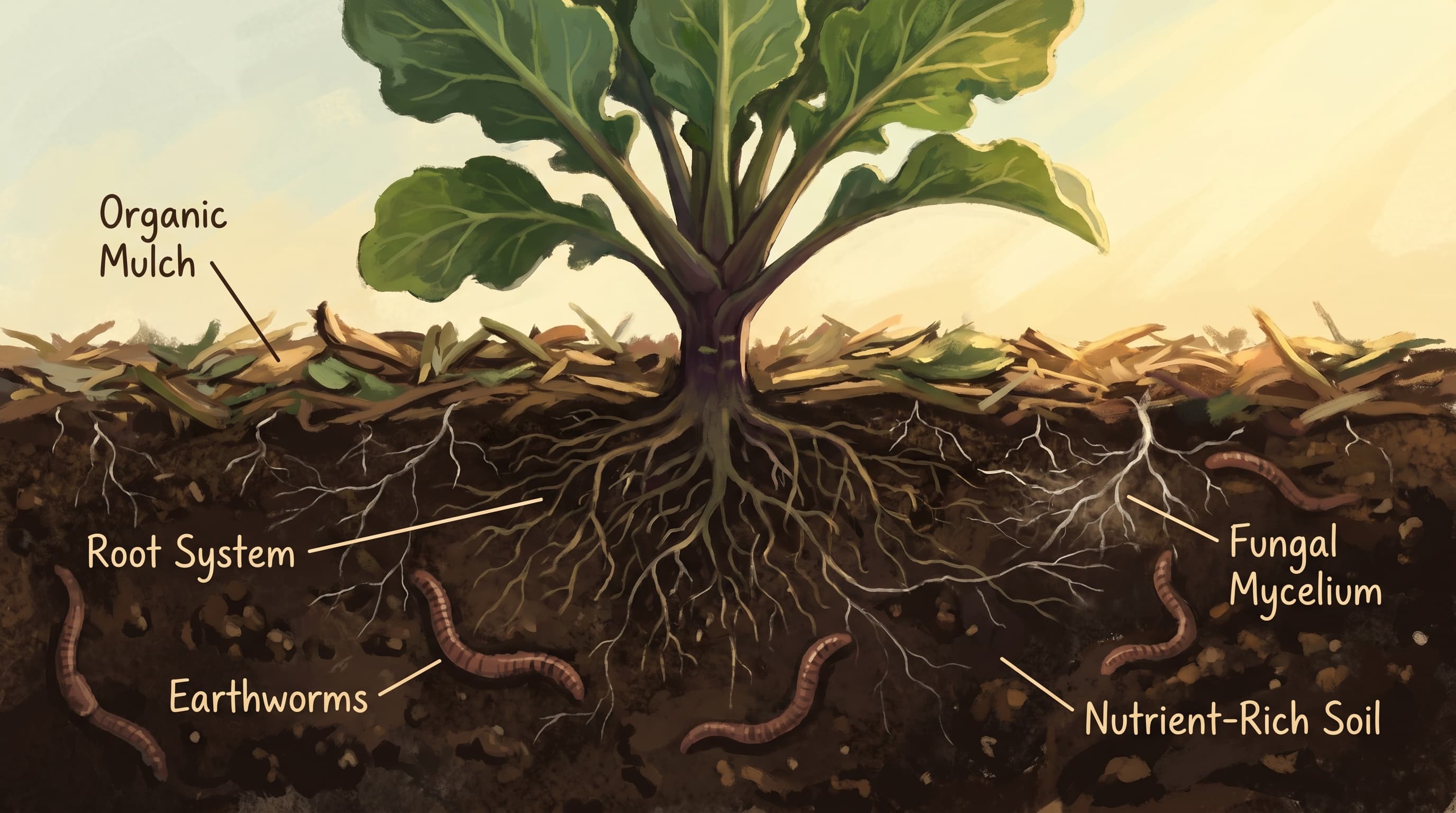 A cross-section diagram of living garden soil showing dense roots, earthworms, and fungal threads beneath a healthy, sturdy vegetable plant in warm sunlight.