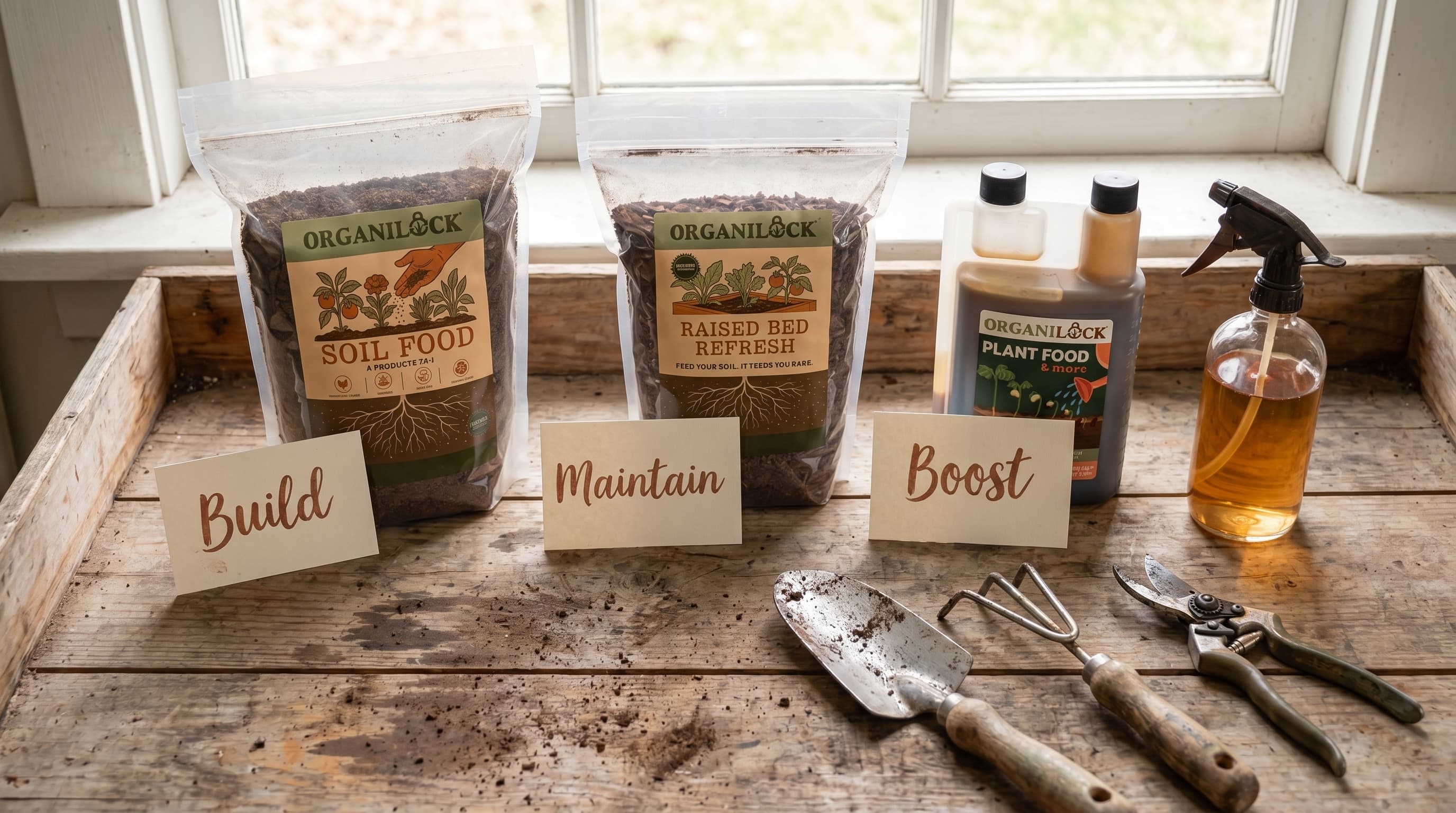 A potting bench flat-lay showing three groups of garden amendment products and tools labeled Build, Maintain, and Boost, illustrating the three-part OrganiLock product system.