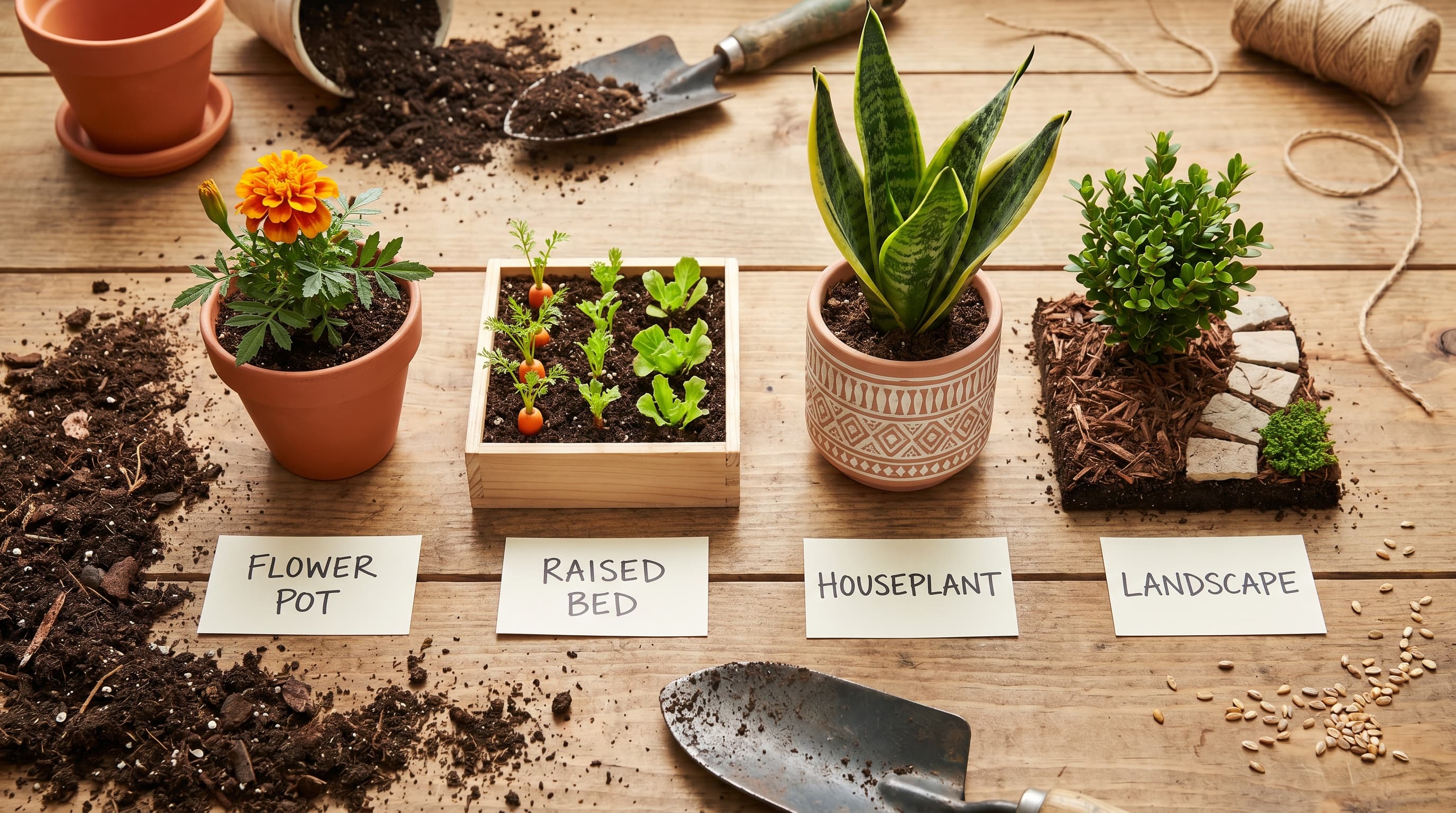 A gardener surveys distinct garden zones — raised beds, containers, houseplants, and landscape shrubs — representing different product choices for different growing situations.