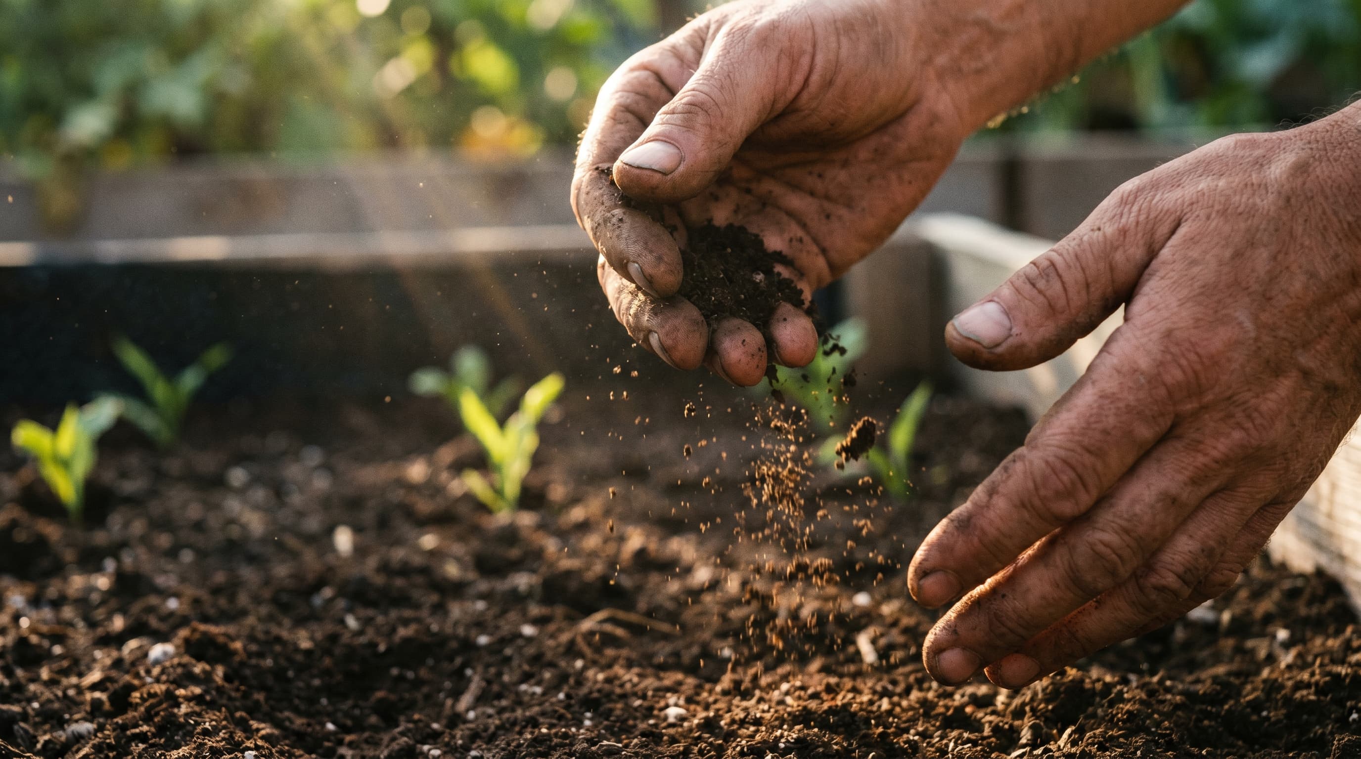 A gardener sprinkling dry granular soil amendment around the base of a vegetable plant in a raised garden bed and watering it in.
