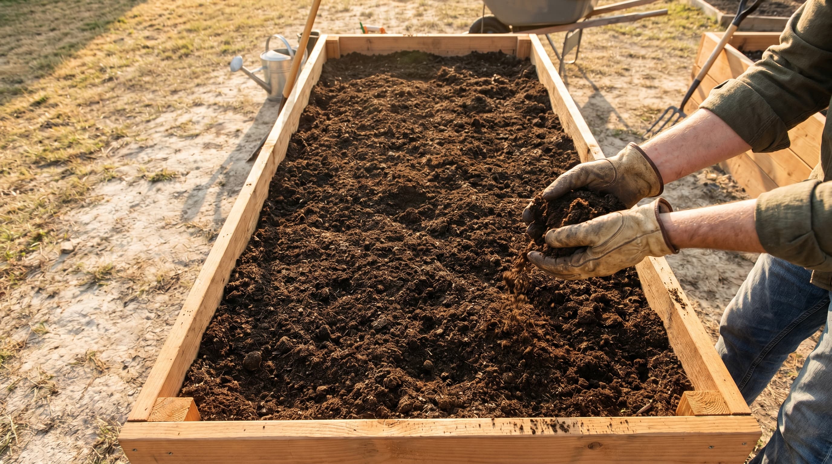 A gardener tends a raised wooden garden bed filled with rich, dark soil in a sunny backyard garden.