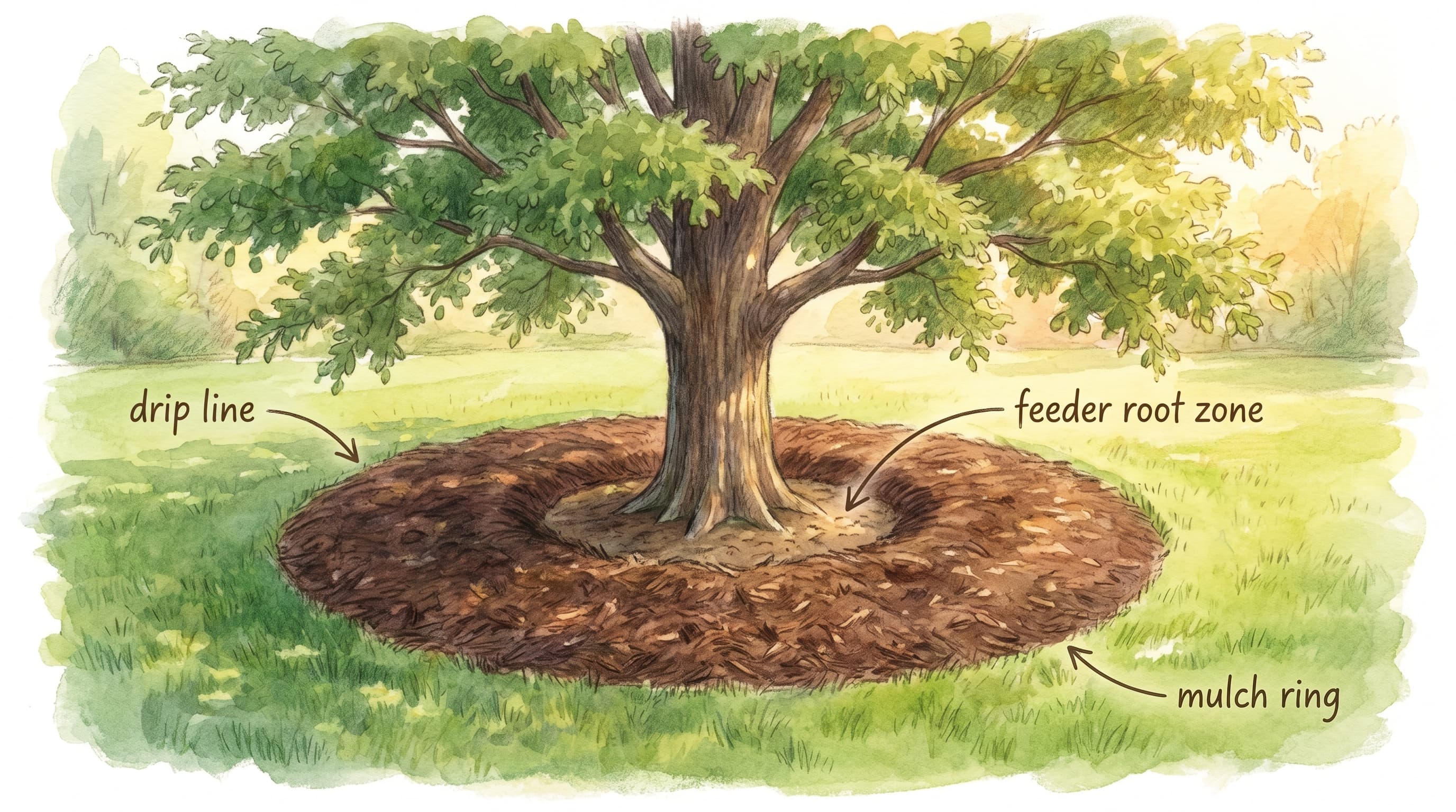 A mature garden tree surrounded by a tidy mulch ring extending to its drip line, with healthy soil and well-spaced plantings in a sunny backyard setting.