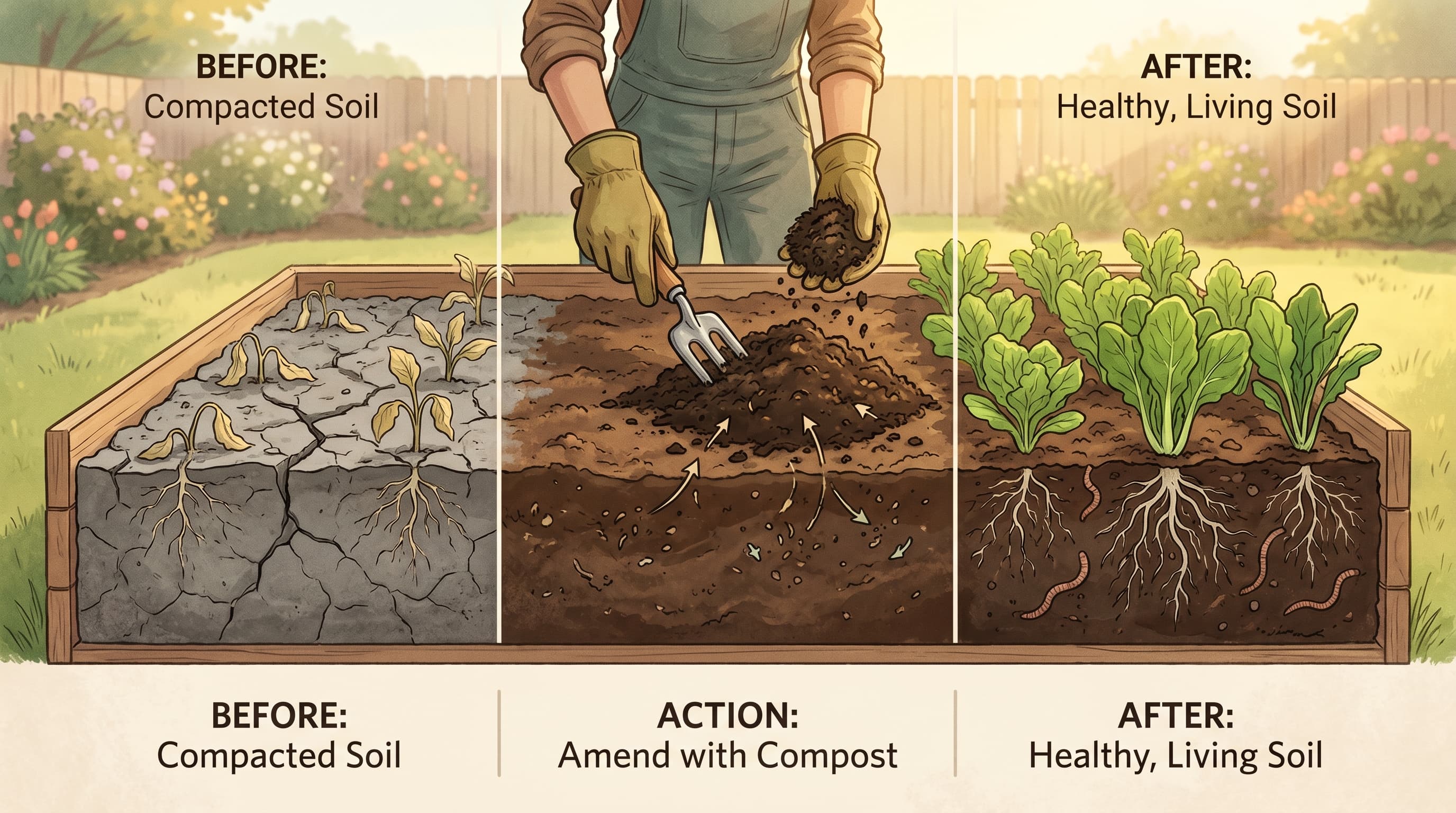 A gardener kneeling at the edge of a raised wooden garden bed, working dark compost into soil with a hand fork, surrounded by vegetable plants in various stages of health.