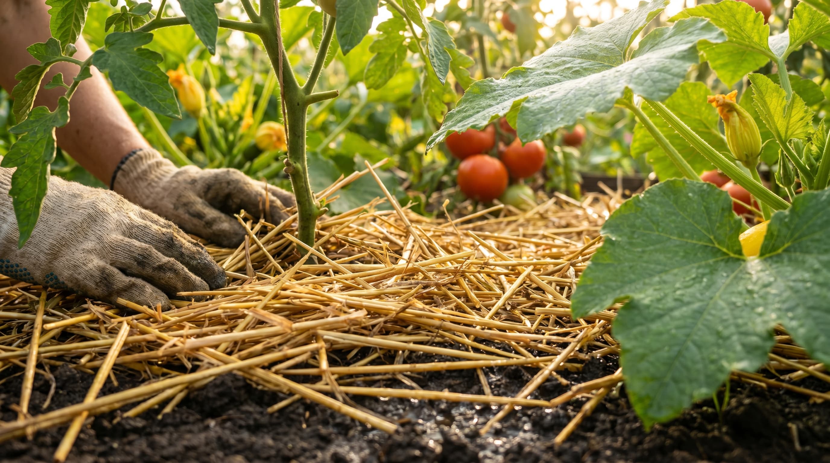 A gardener presses fingers into mulched soil at the base of a tomato plant in a full summer garden to check soil moisture before deciding on any action.