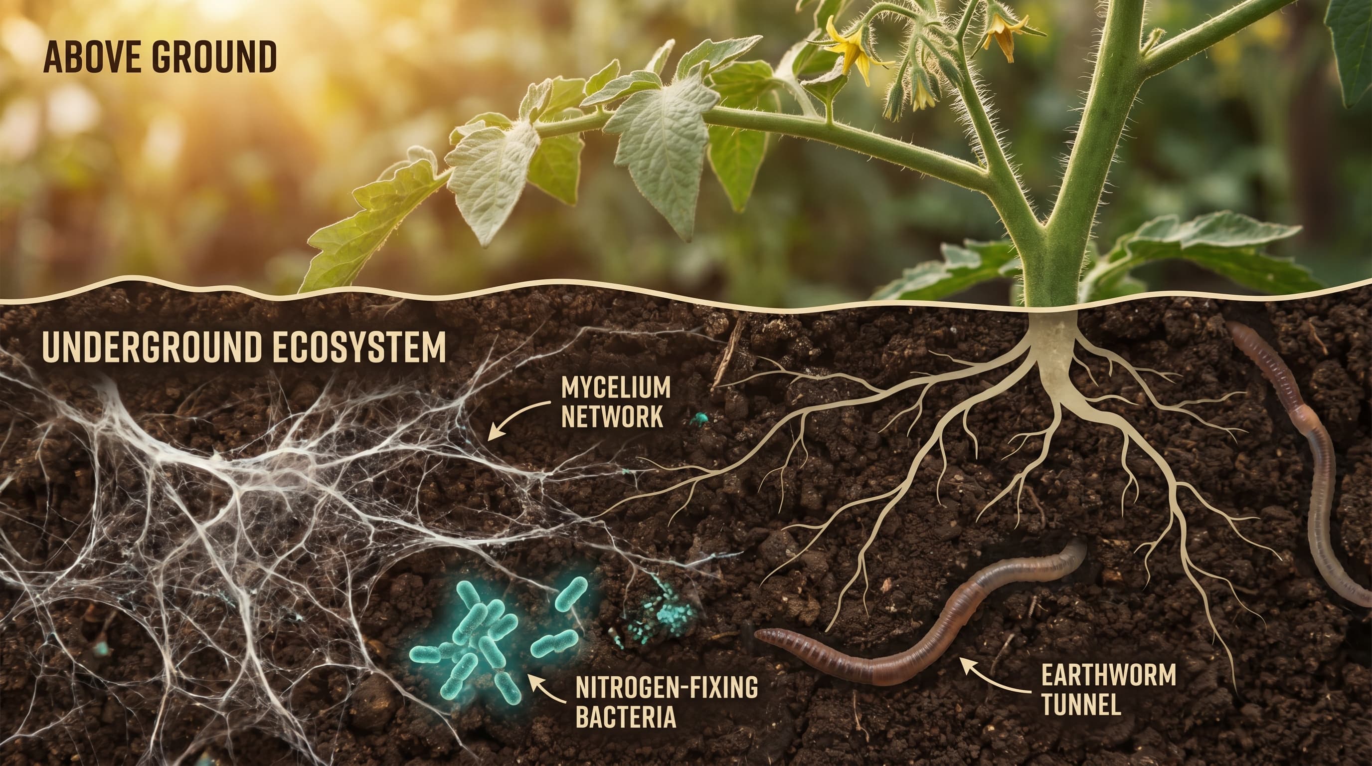 A close-up cross-section of living garden soil showing fungal threads, earthworms, and plant roots thriving in dark, crumbly earth beneath a green tomato plant.