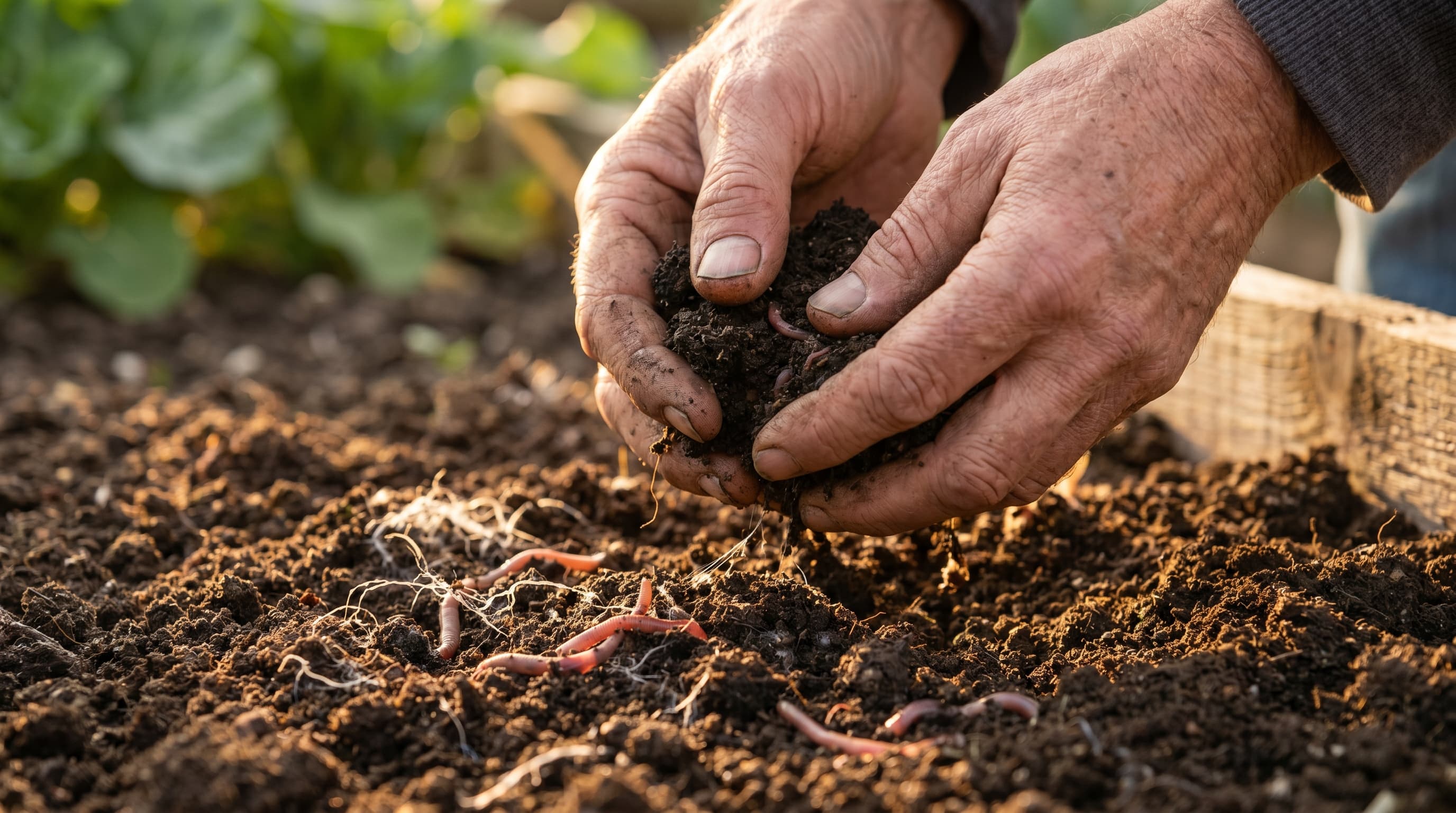 A gardener's hands pressing compost into dark, crumbly garden soil, with plant roots and fungal threads visible in a cross-section below.
