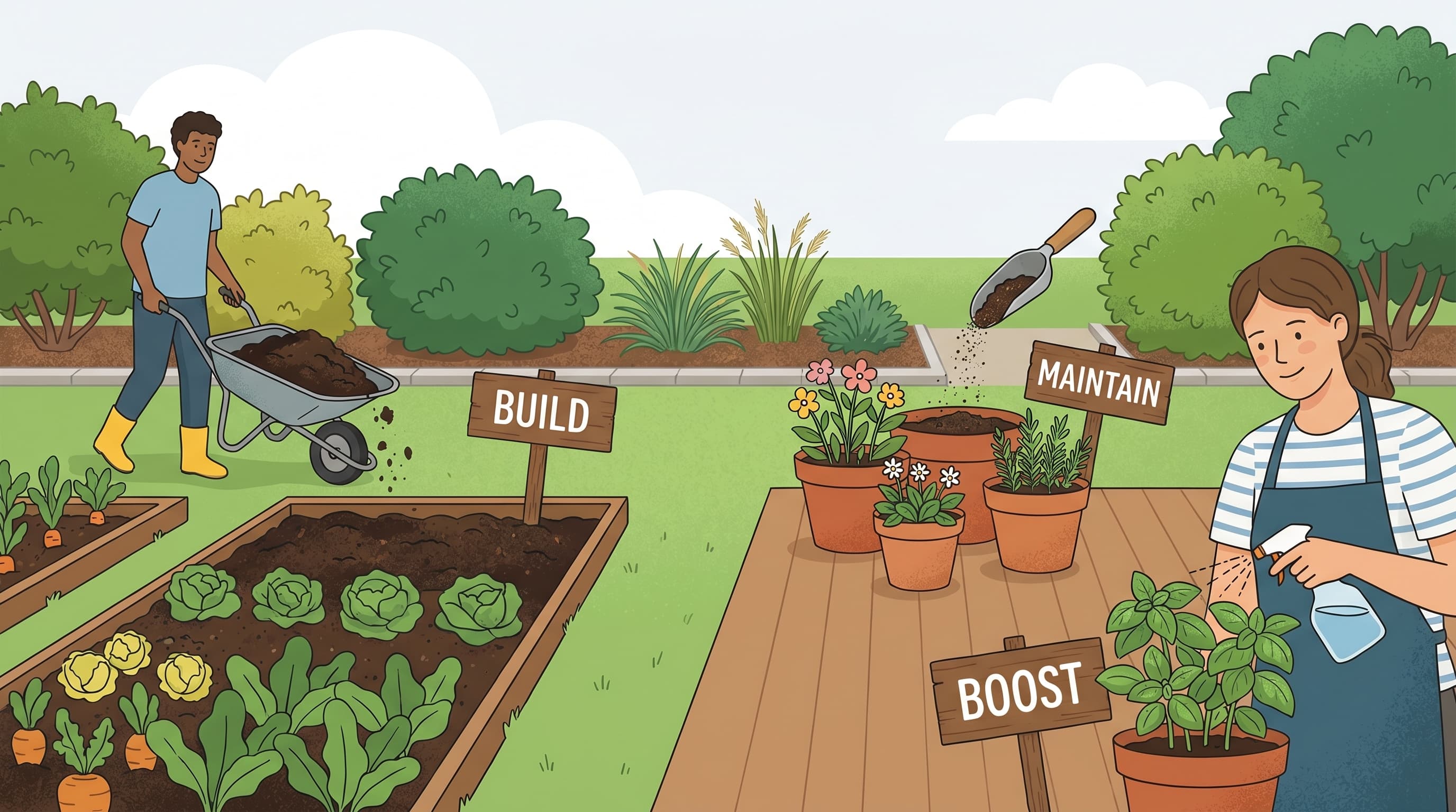 A gardener kneeling beside a raised vegetable bed, a container pot, and an indoor houseplant arranged together, representing different growing situations matched to the right soil amendment product.