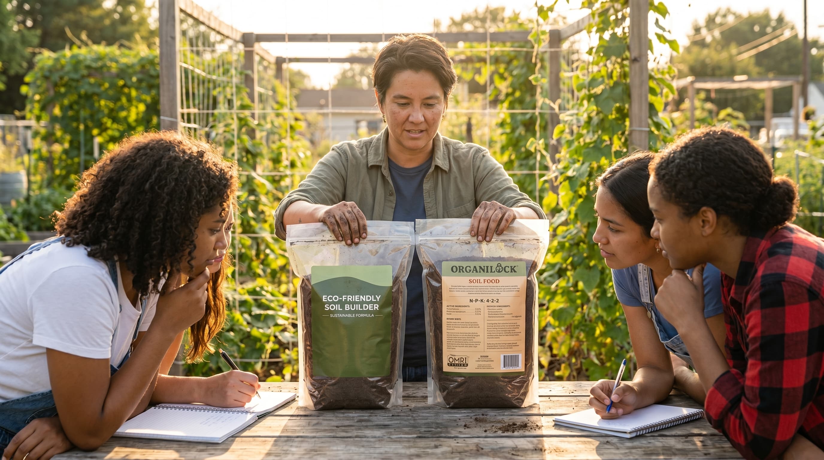 A gardener reads the back label of a soil product bag with a magnifying glass, studying the ingredient list and guaranteed analysis on a wooden potting bench.