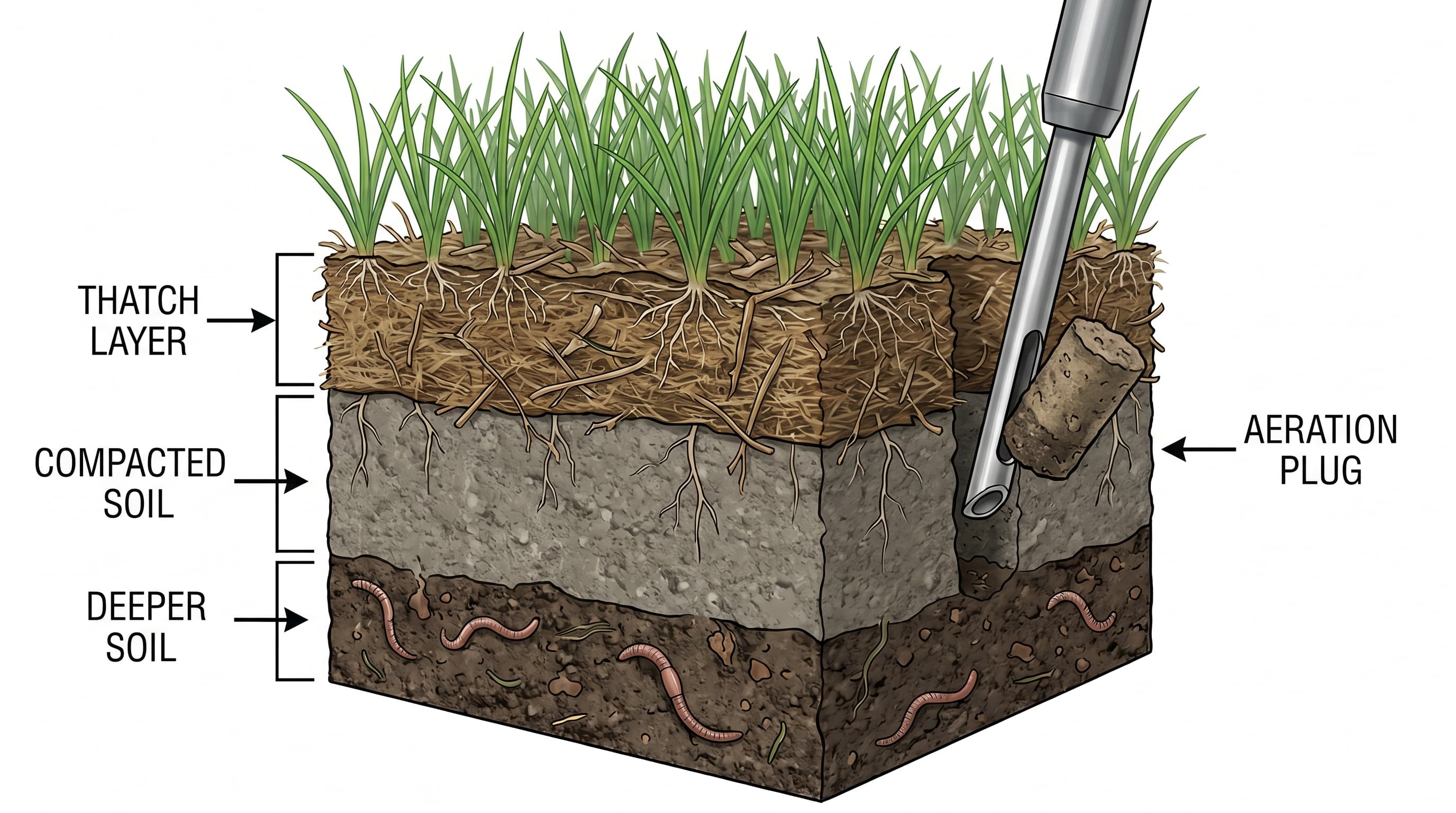 A split view of a residential lawn showing a thin, struggling turf area next to healthy dense grass, with a soil core aerator and testing tools resting on the ground nearby.