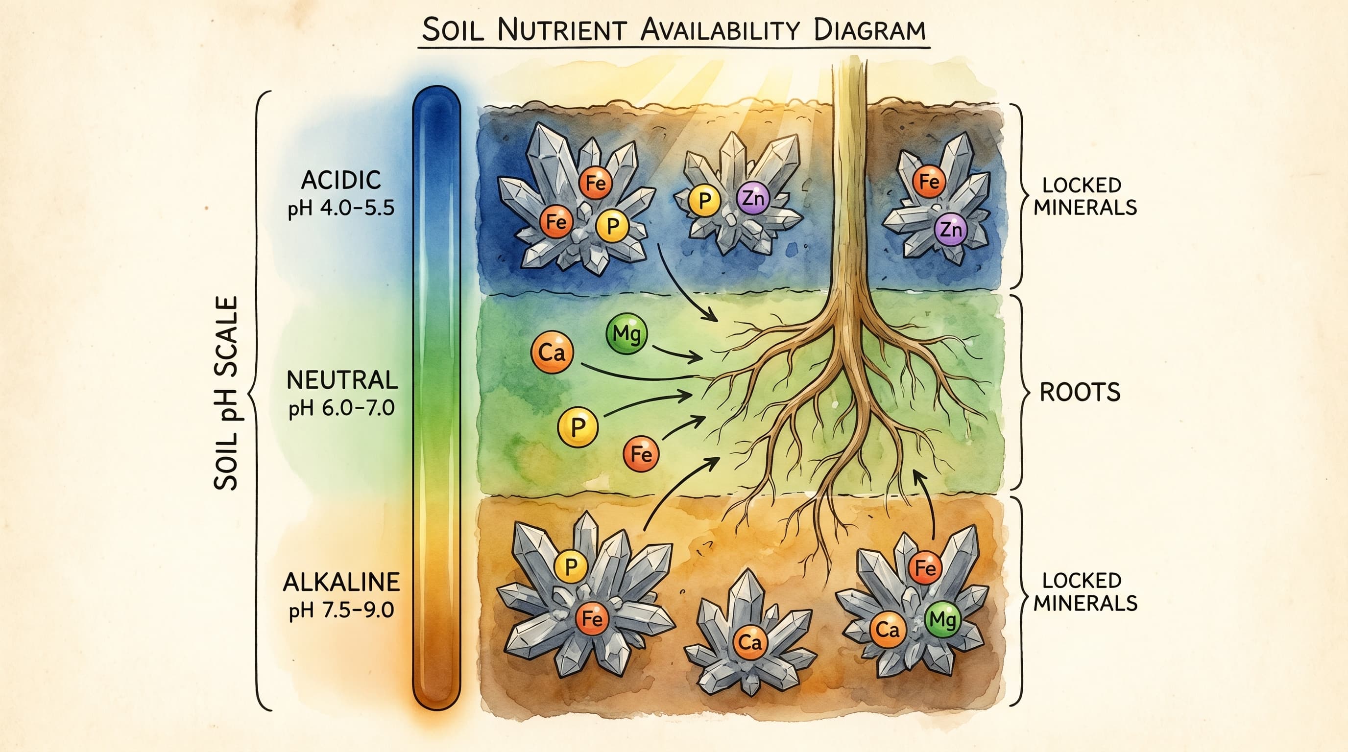 A scientific illustration of a soil cross-section showing how soil pH controls whether nutrient molecules are locked up or available to plant roots.