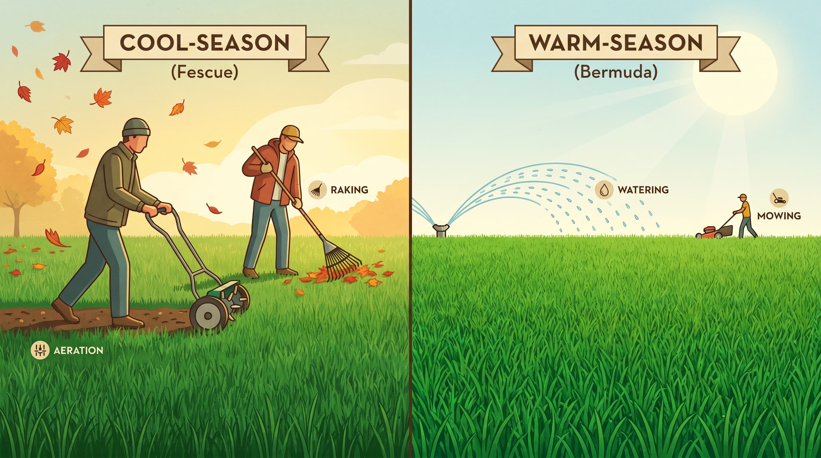 A four-season diagram of a residential lawn and landscape showing seasonal care tasks from spring soil preparation through summer maintenance, fall overseeding, and winter rest.