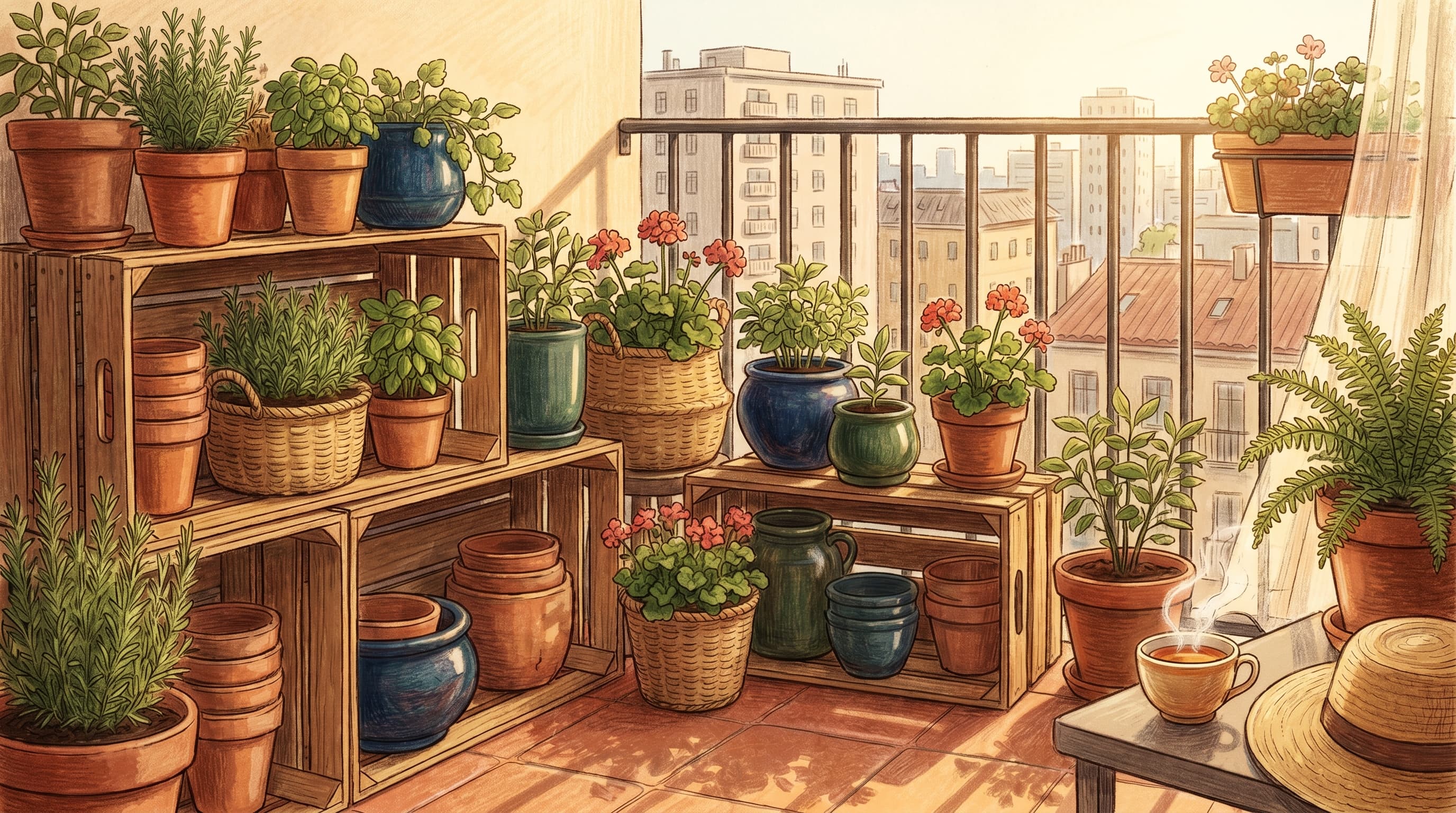 An assortment of container plants in terracotta and ceramic pots arranged on a sunny balcony, illustrating how containers allow gardening in small spaces.