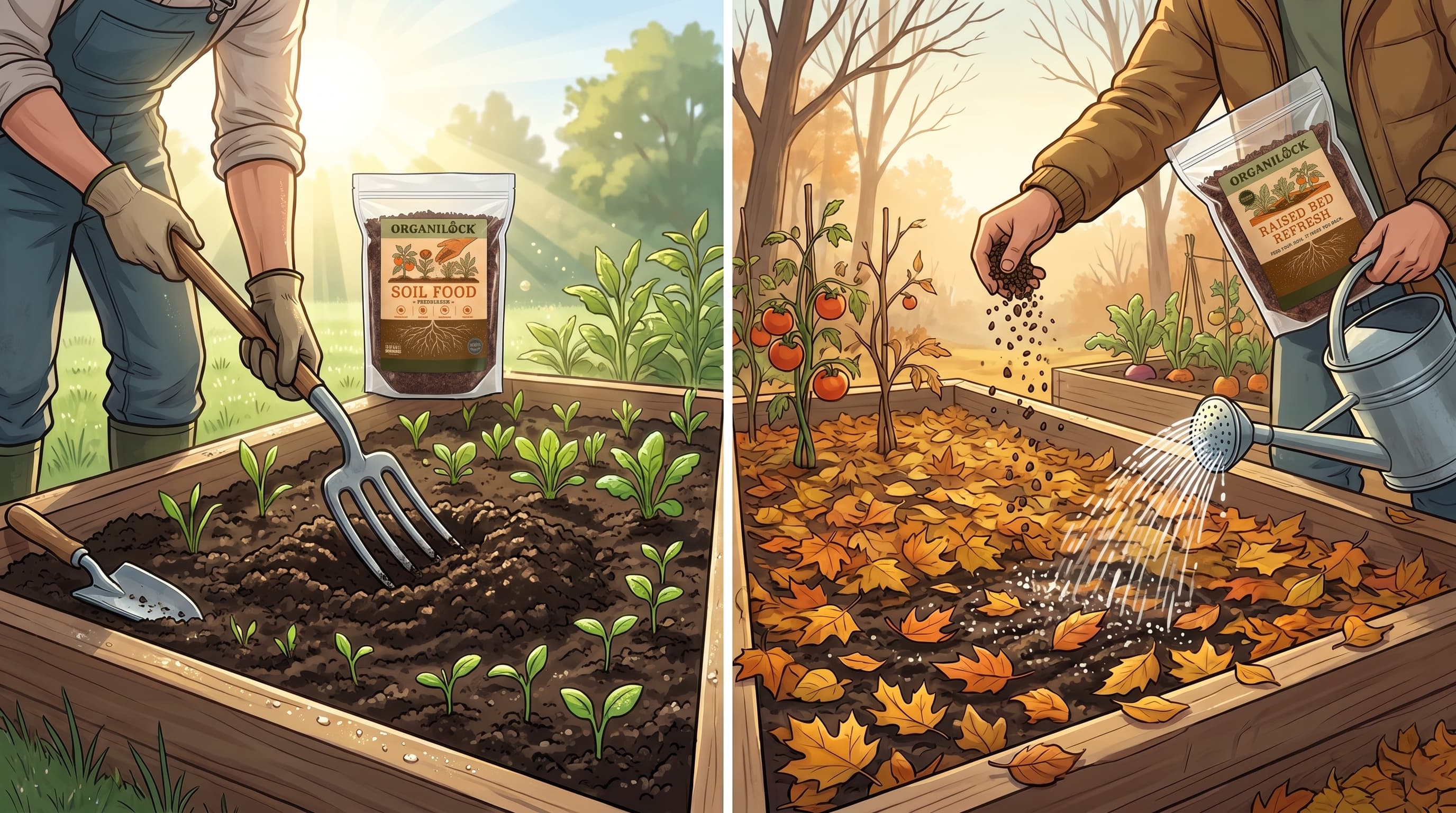 A gardener's potting bench displaying three grouped sets of soil amendment products and tools representing the build, maintain, and boost stages of a simple plant care system.