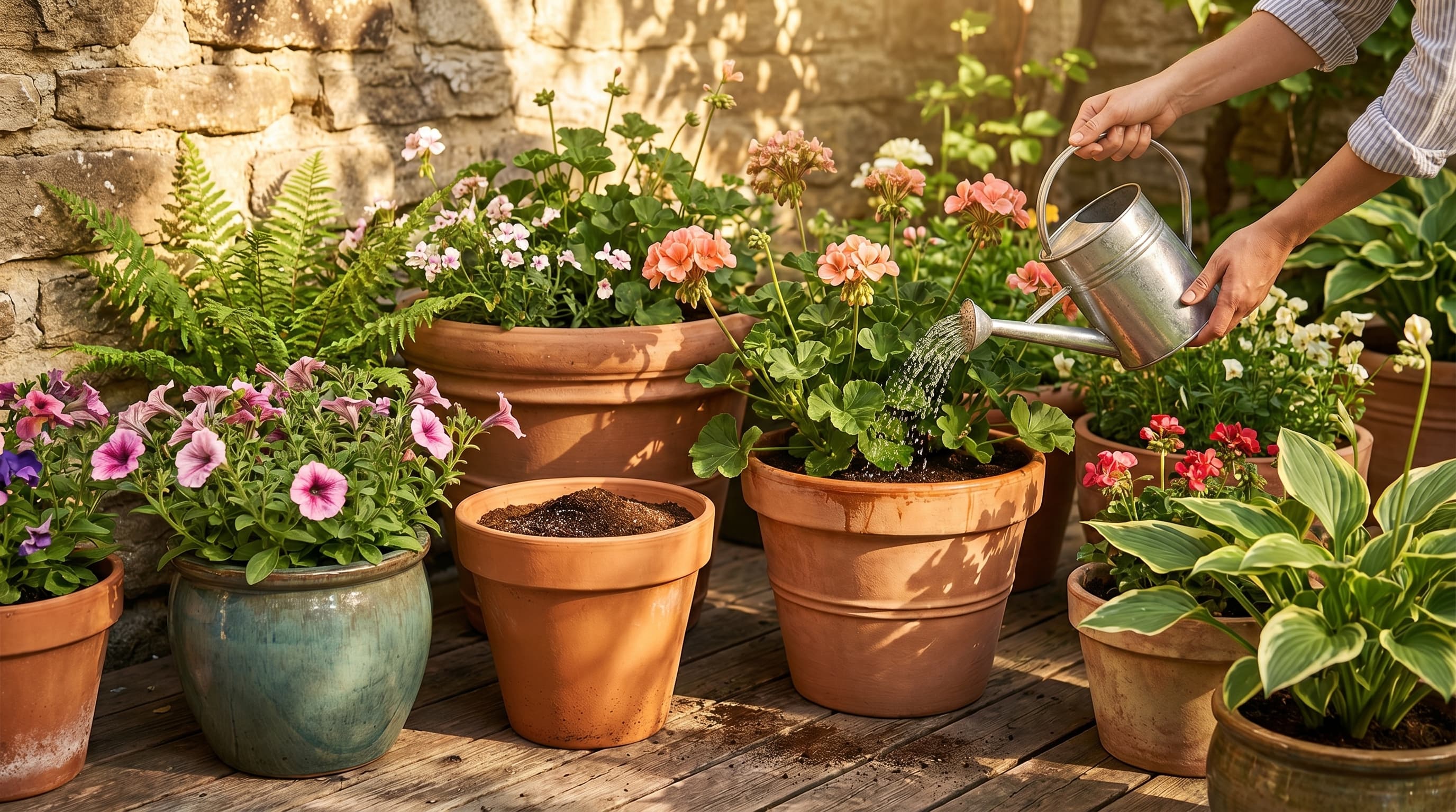 A gardener tending a collection of flowering outdoor containers on a sunny patio, watering one pot while granular soil amendment rests on the surface of another.