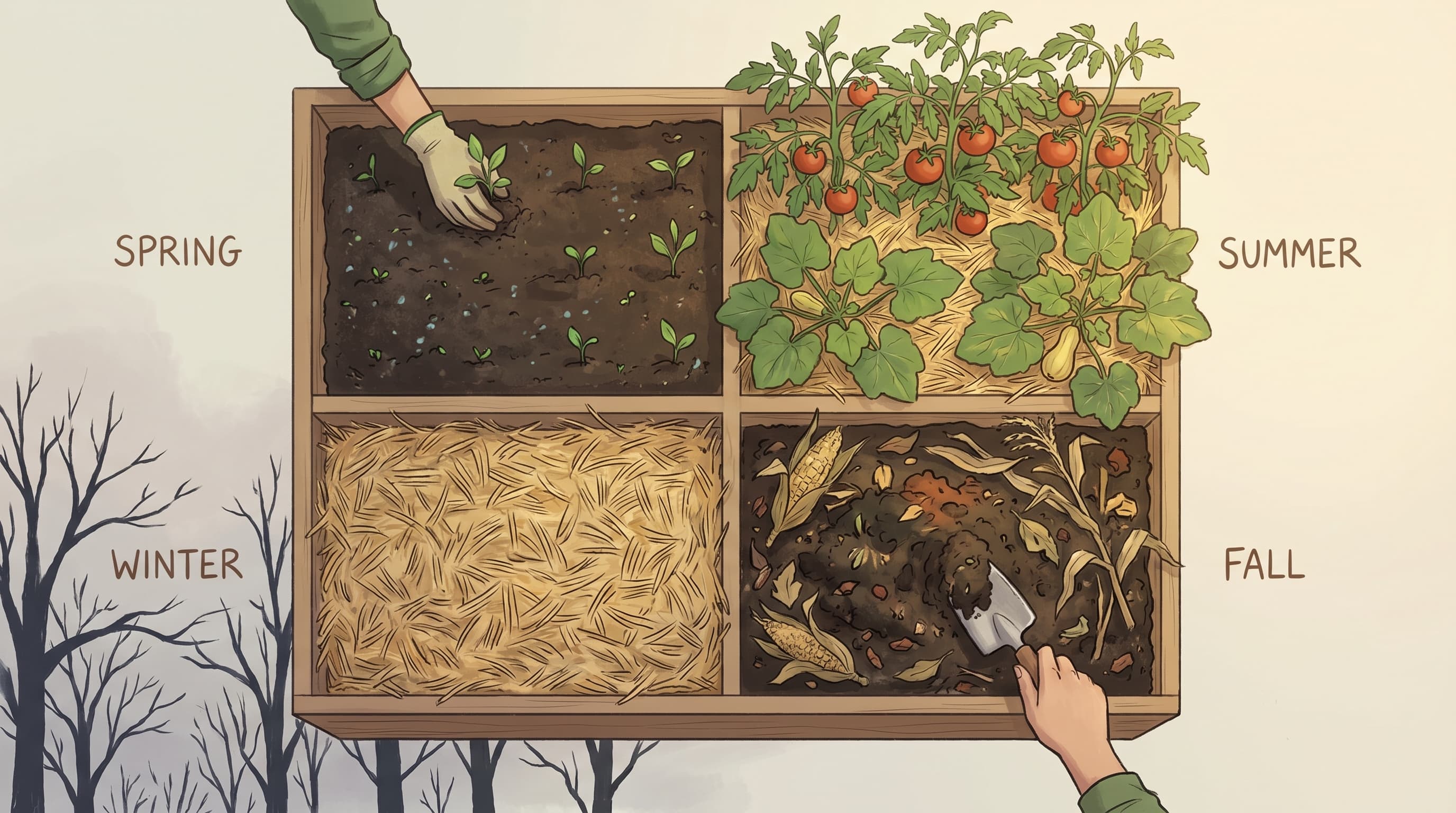 A gardener tends a raised wooden garden bed through the changing seasons, working organic matter into soil in autumn with a trowel as fallen leaves gather nearby.