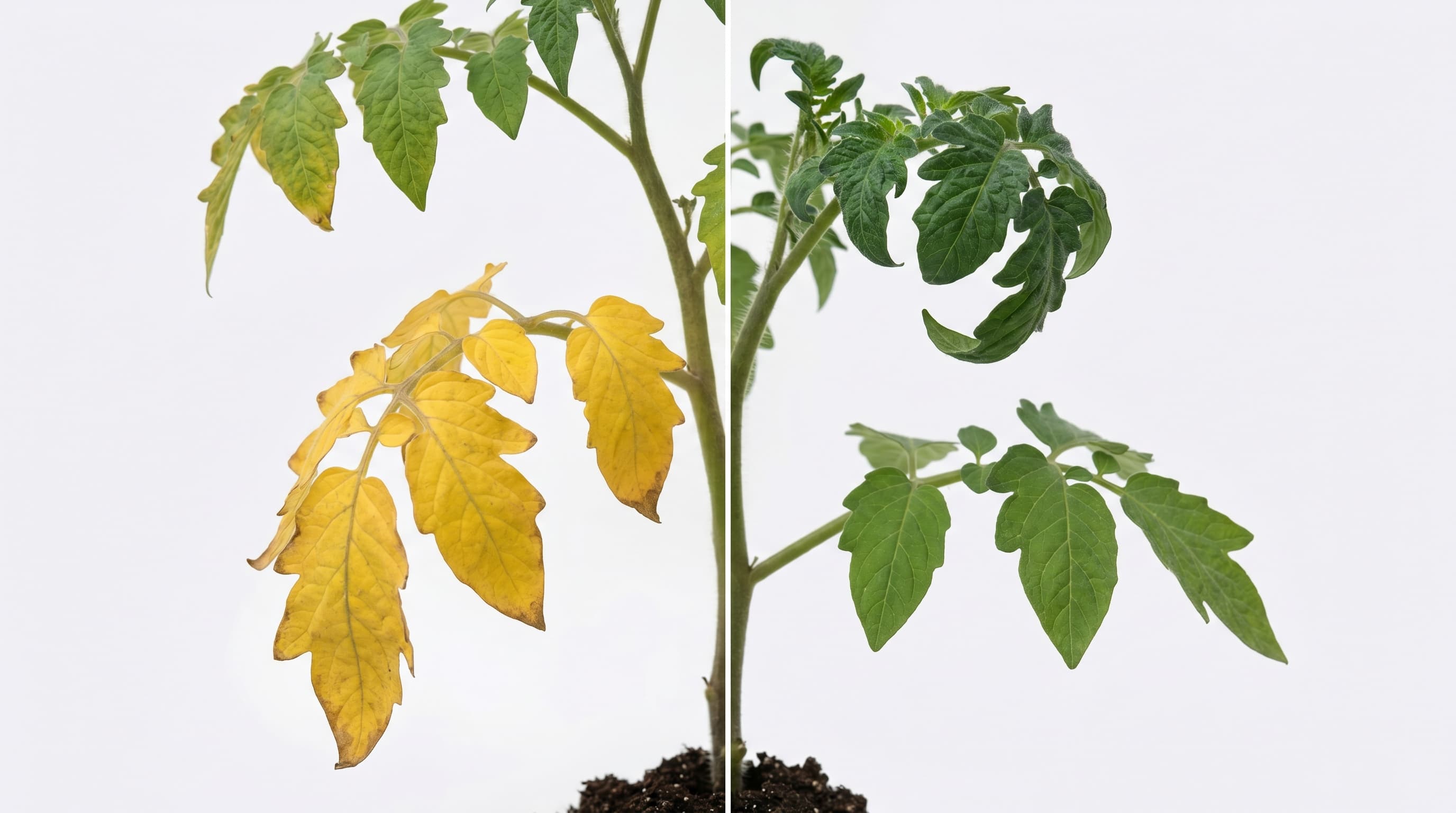 A tomato plant with yellowing lower leaves contrasted against healthy green new growth at the top, illustrating the old-leaf versus new-leaf diagnostic method.