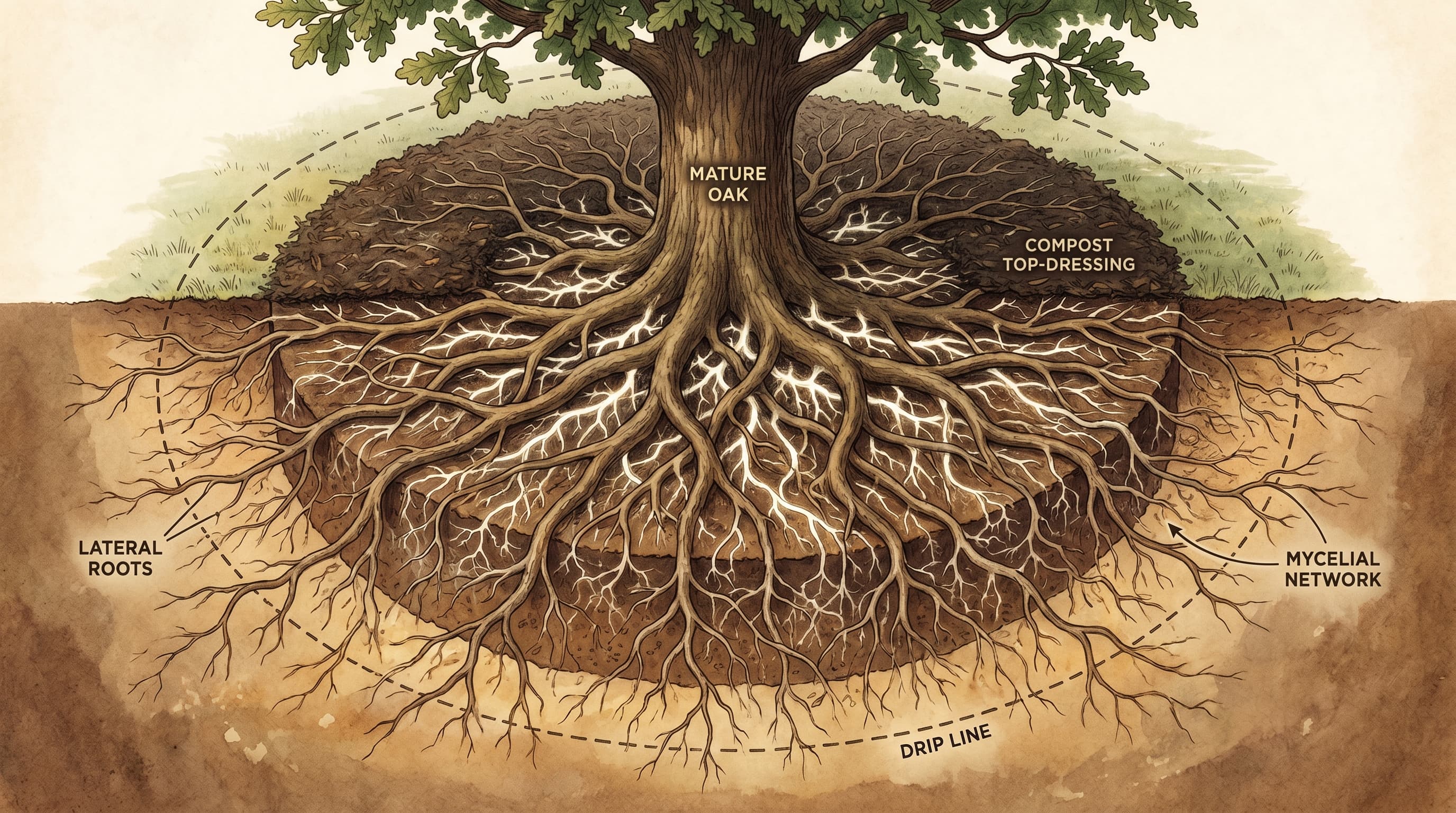 A gardener digs a wide, shallow planting hole beside a young sapling with an exposed root ball, in a sunlit backyard garden.