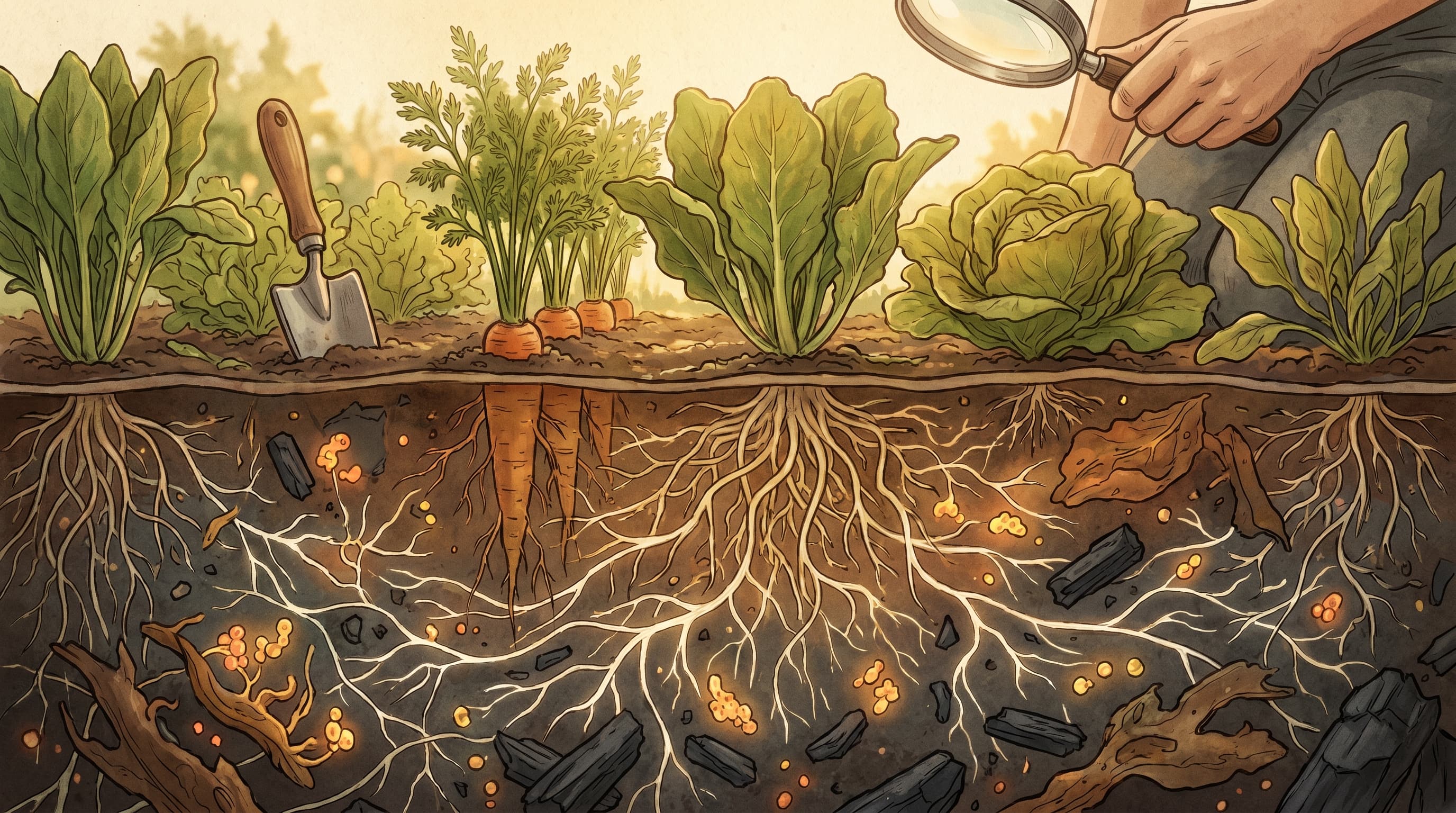 A gardener kneels beside a raised garden bed, gently sprinkling dry soil amendment around young vegetable seedlings in warm morning sunlight.