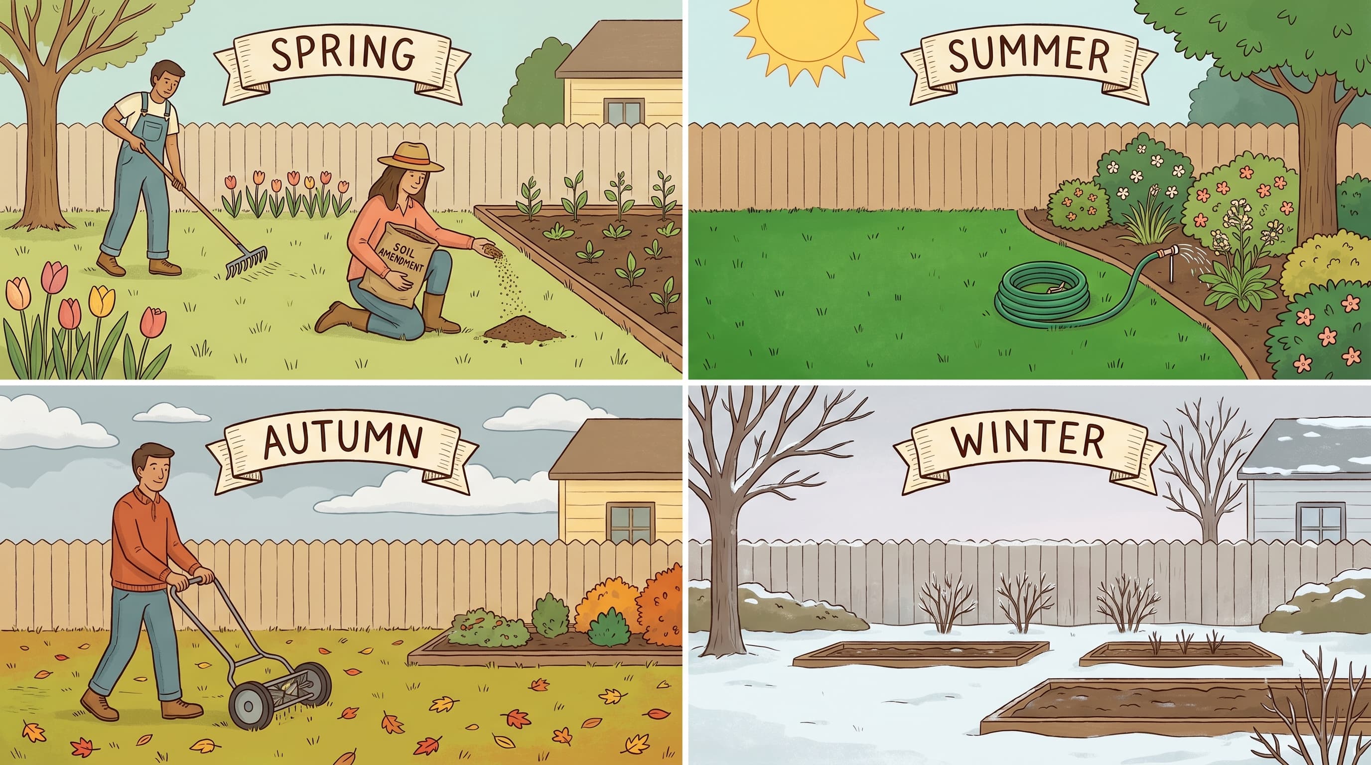 A homeowner kneeling at the edge of a lush lawn presses their hand into healthy, dark soil near a planted landscape border, illustrating the soil-first approach to lawn and landscape care.