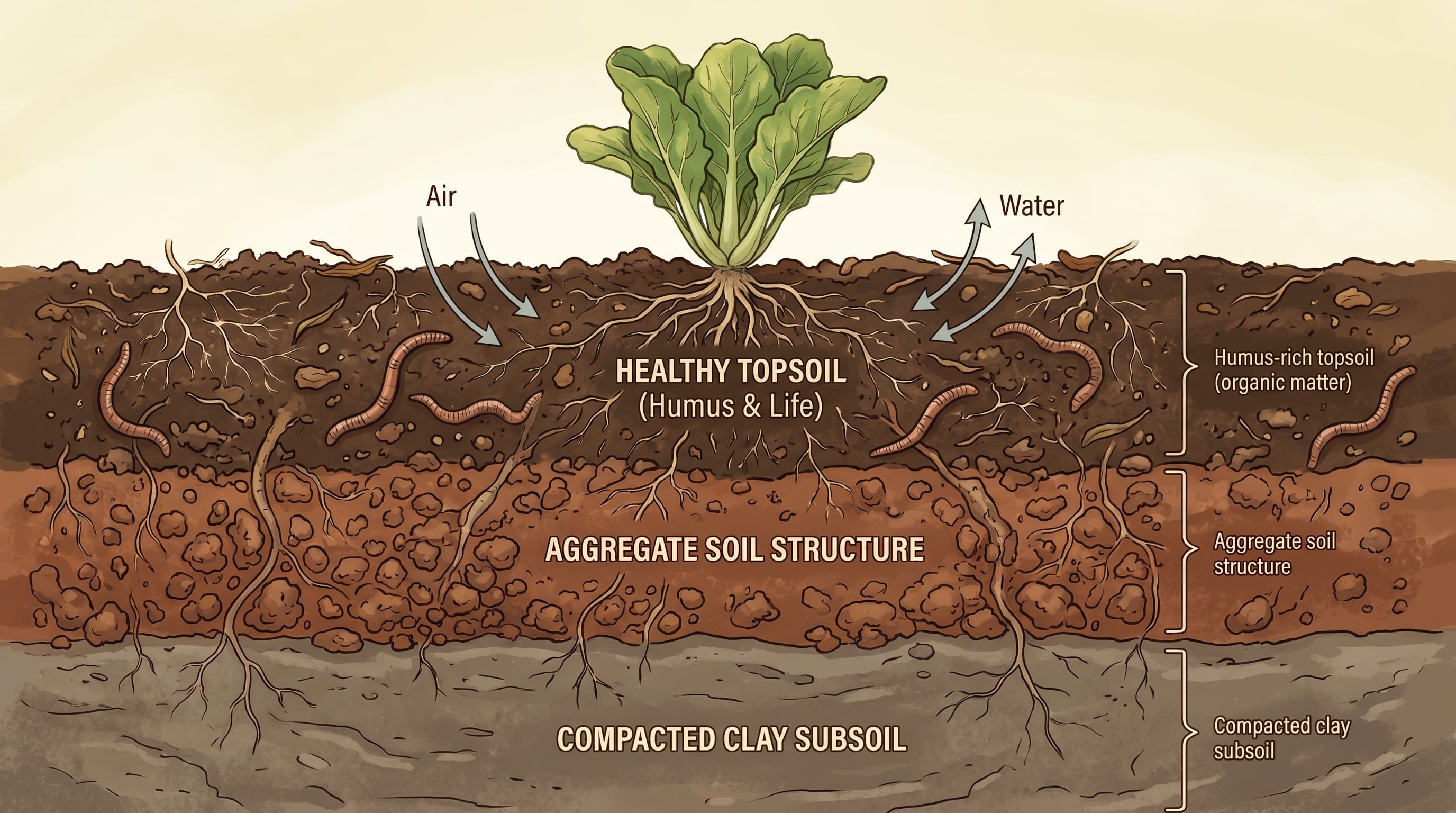 A gardener examines plant leaves and soil in a sunlit garden bed, comparing old and new growth while reviewing a soil test report.