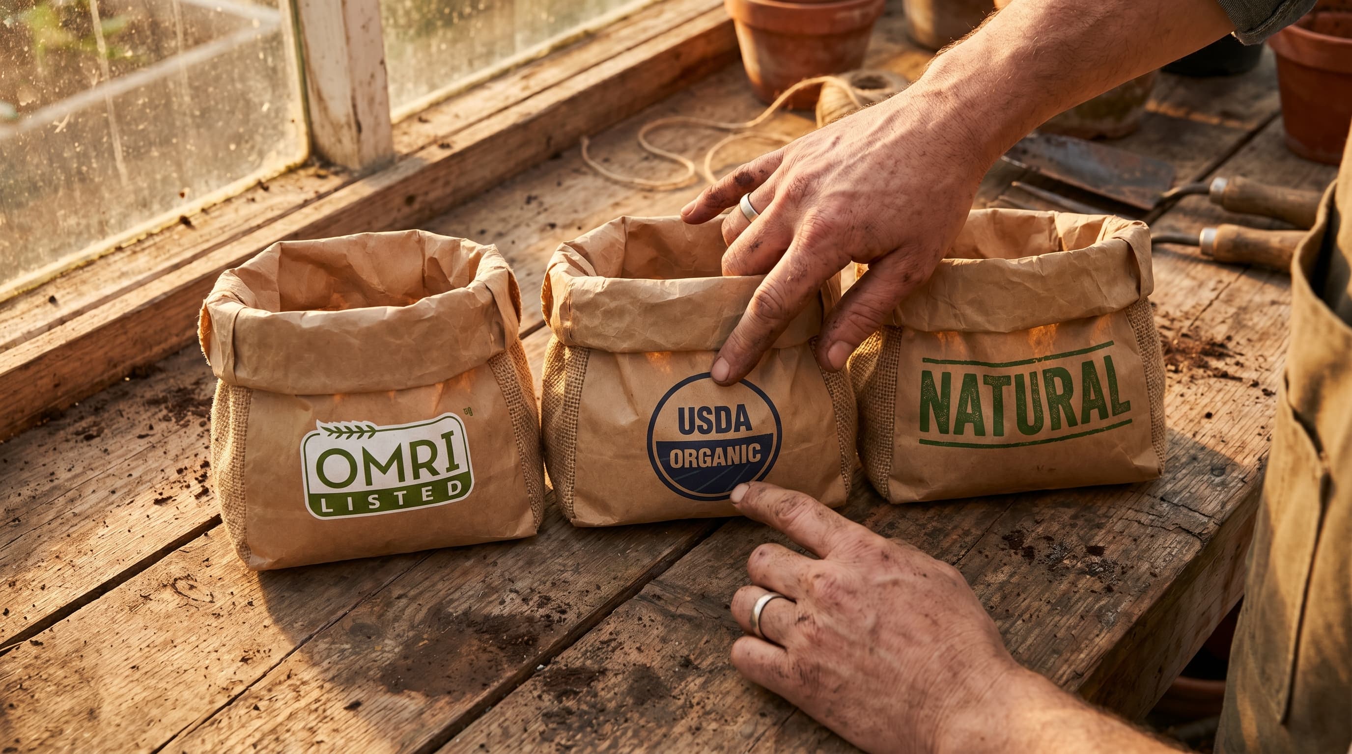A gardener carefully reads the back label of a soil product bag in a sunlit garden center, surrounded by other amendment and fertilizer bags on a shelf.
