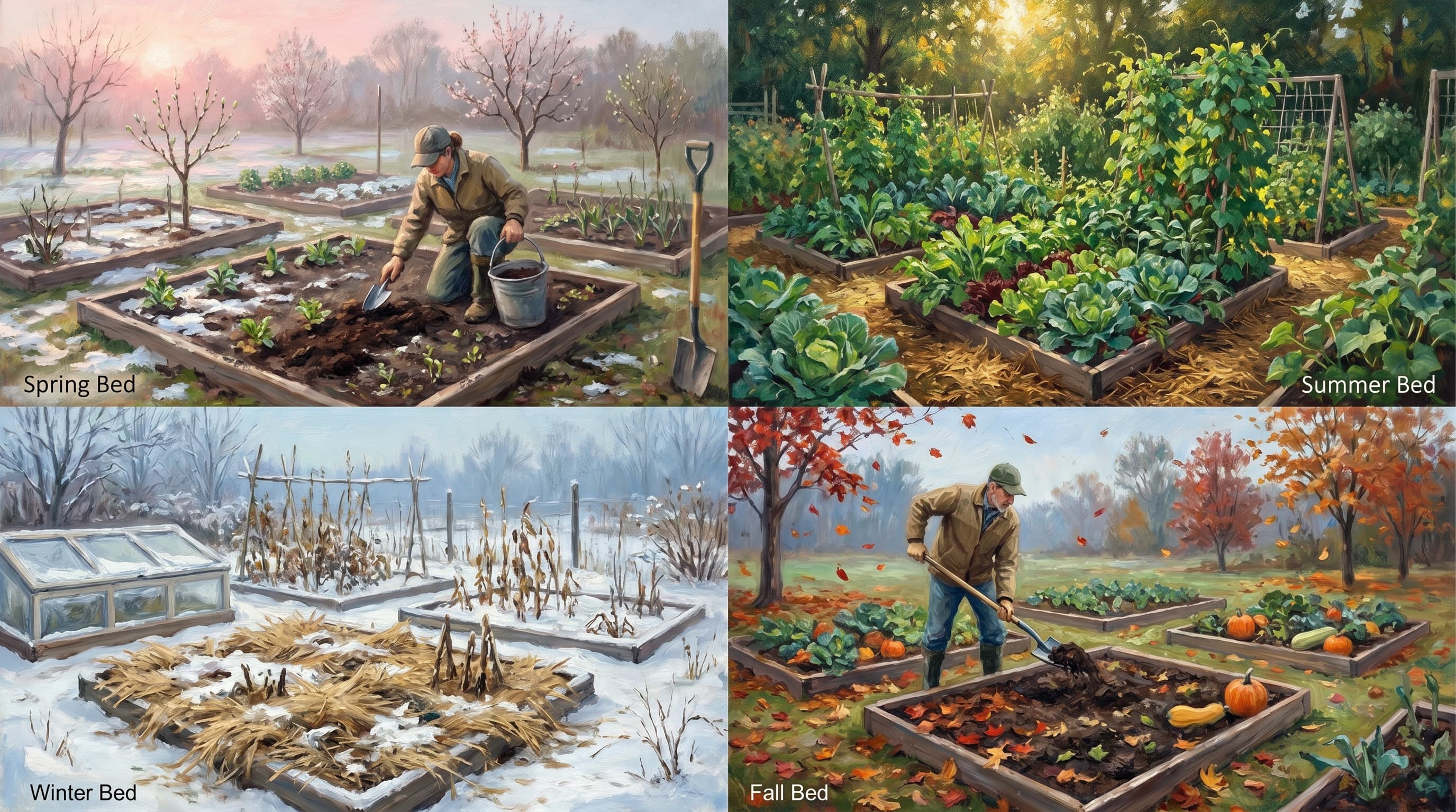 A four-panel illustration of a home vegetable garden moving through spring, summer, fall, and winter, showing a gardener tending and building the soil in each season.
