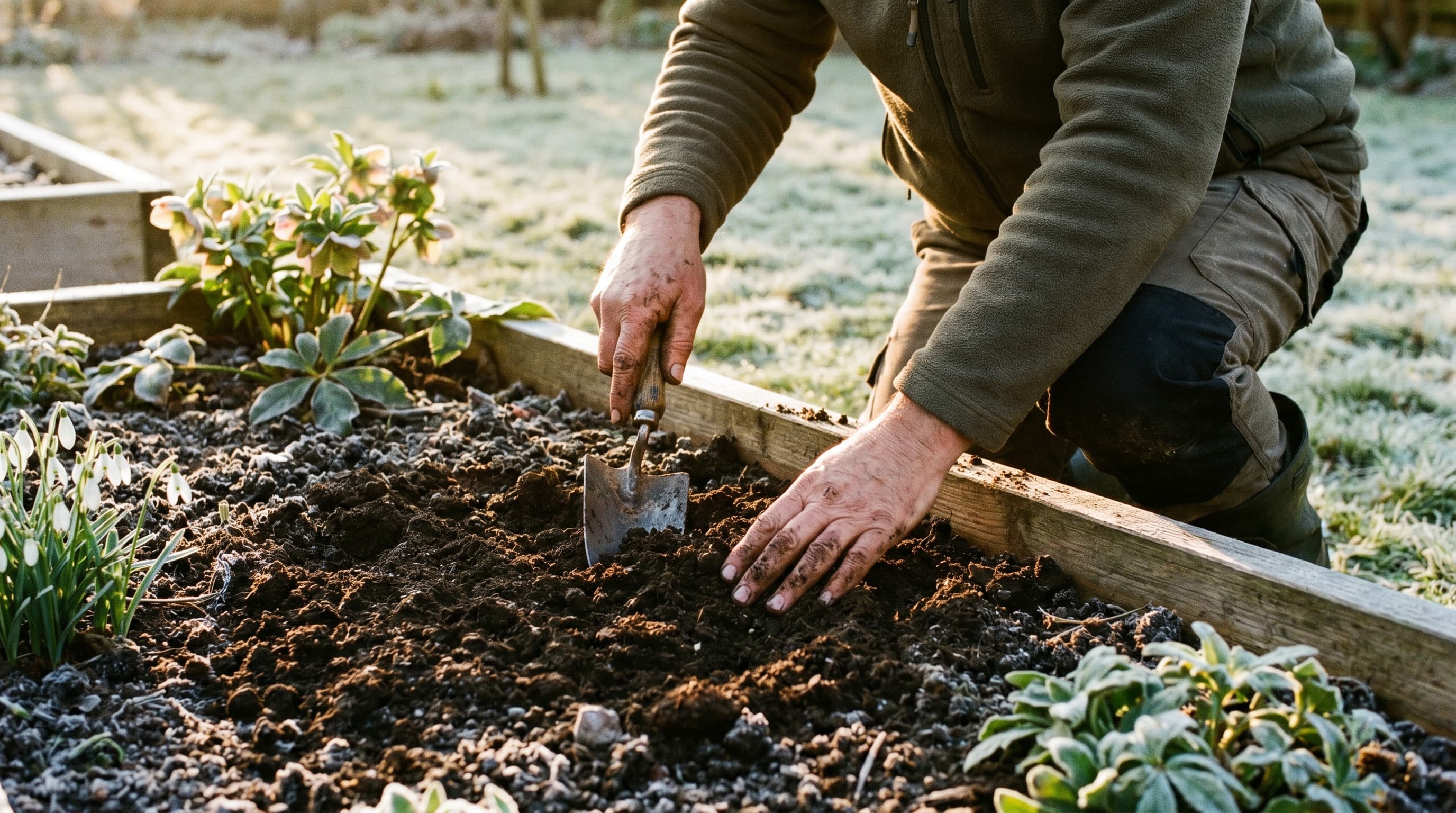 A wooden raised garden bed filled with rich dark soil and thriving mixed vegetable seedlings, set in a sunlit backyard.