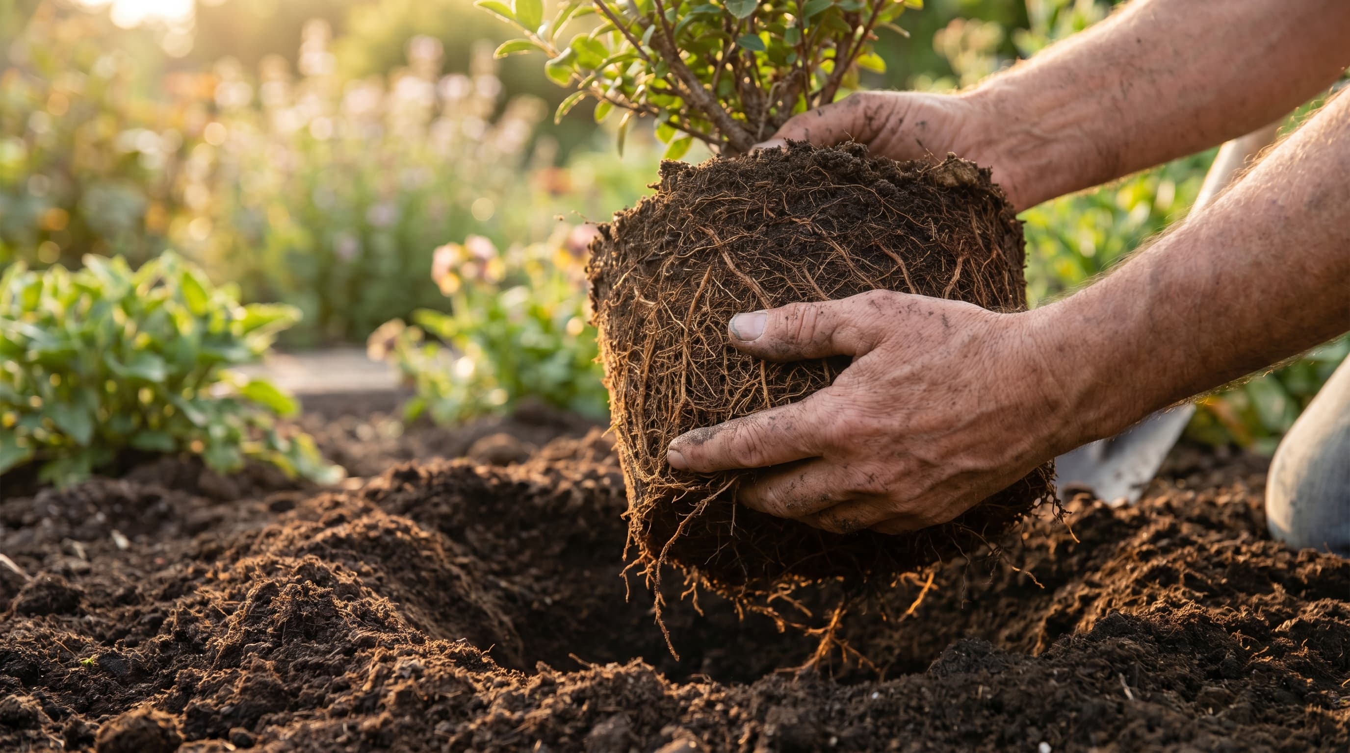 A gardener plants a young tree in a wide, shallow hole at the correct depth, with roots spread outward and a proper doughnut-shaped mulch ring around the base.