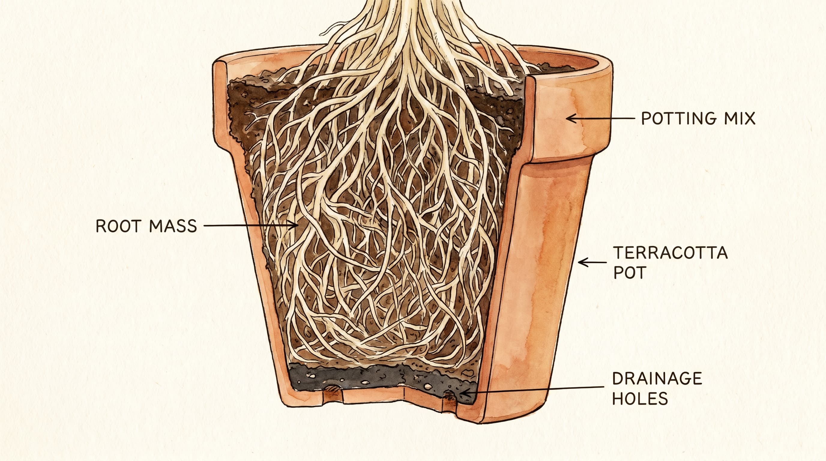 A cross-section view of a terracotta pot revealing roots filling the limited soil volume, with drainage holes visible at the base.