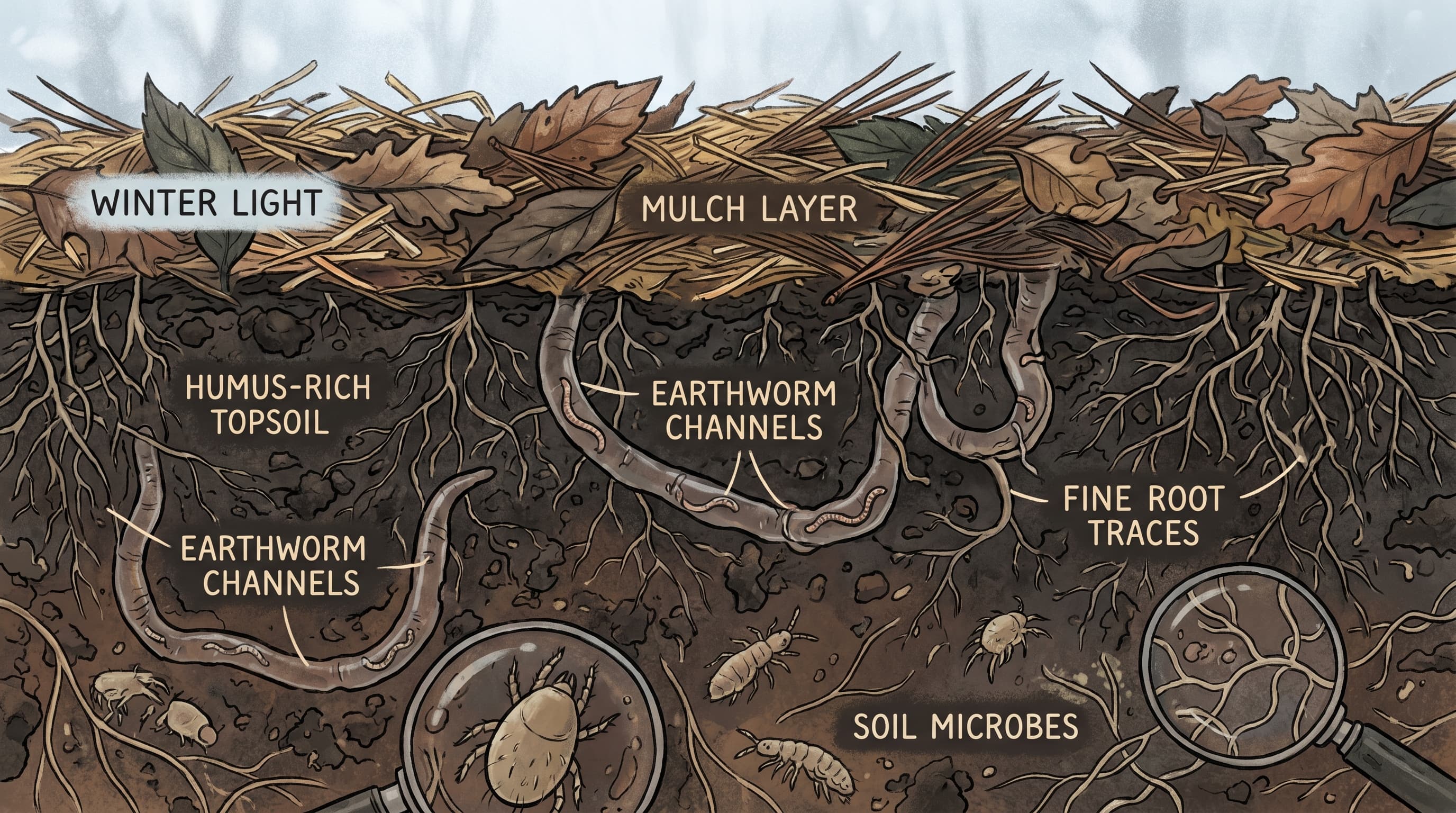 A dormant winter garden with raised beds covered in straw mulch and frost, suggesting protected, resting soil beneath a quiet seasonal surface.